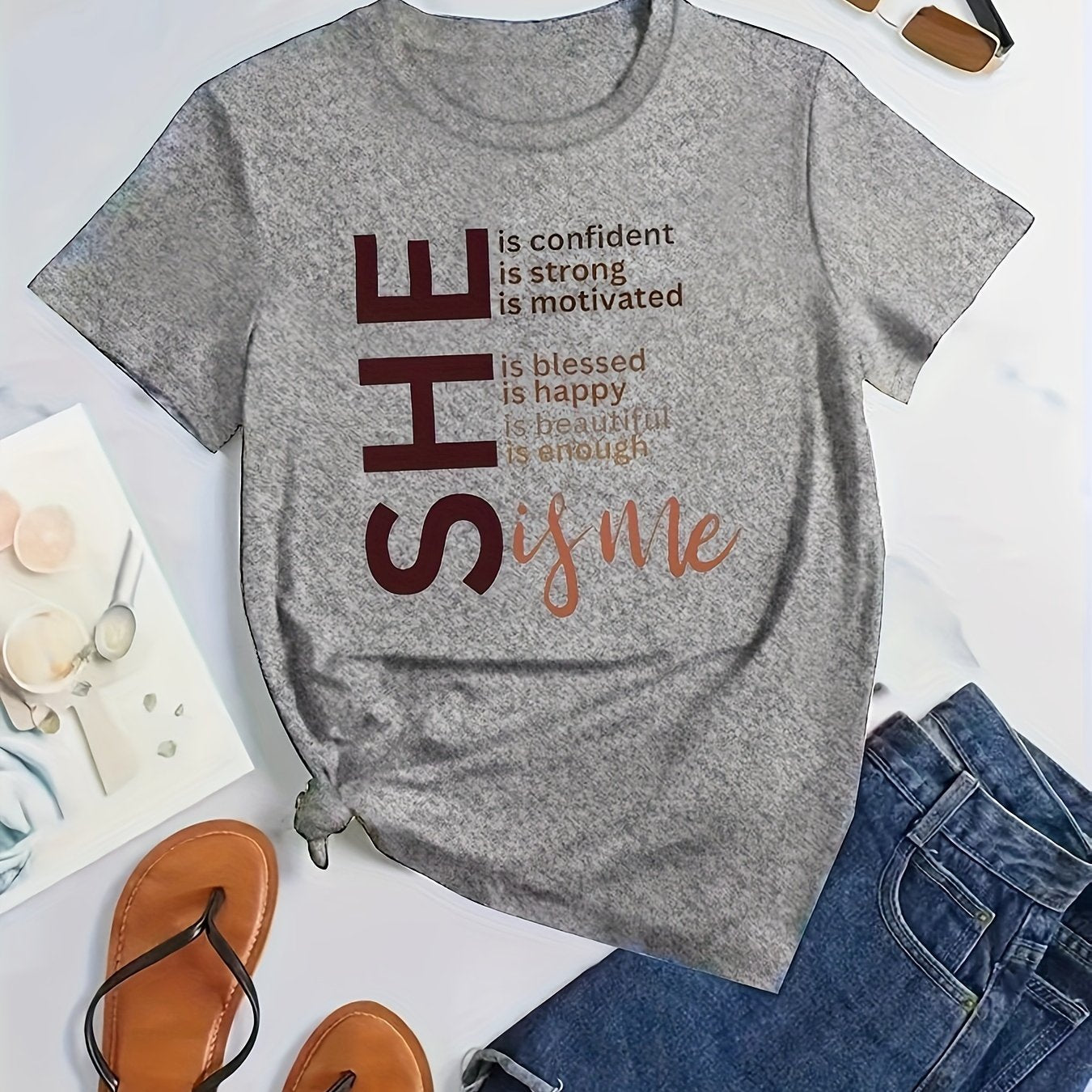 Plus Size She Is Me Print T-Shirt - Women's Casual Crew Neck Short Sleeve Tee, Plus Size Clothing with Fun Graphic Design