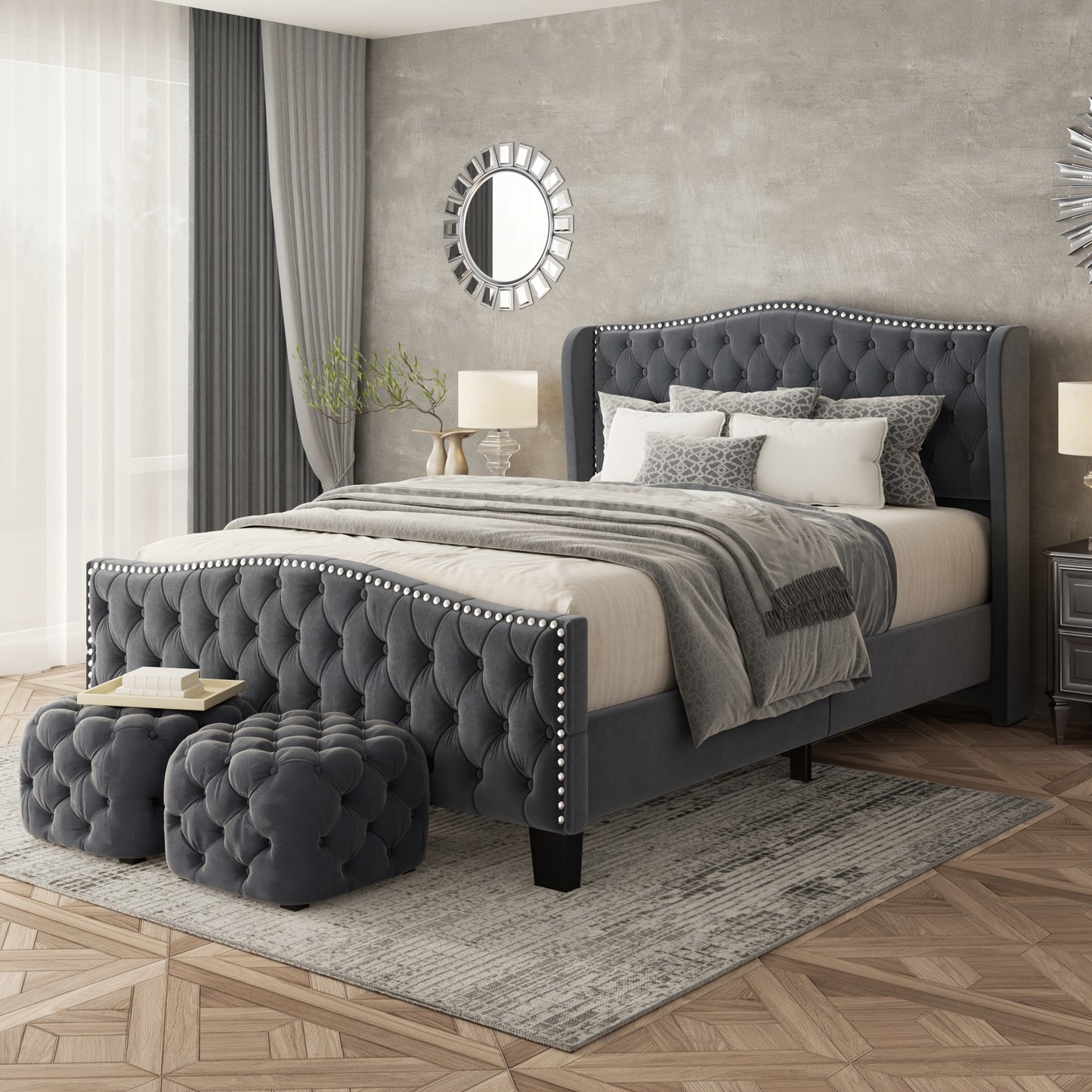 Queen Size Platform Bed Frame with 51-inch Tall Camelback Headboard & Wingback, Gorgeous Studded Trim, Mattress Foundation, No Box Spring Needed, Cream