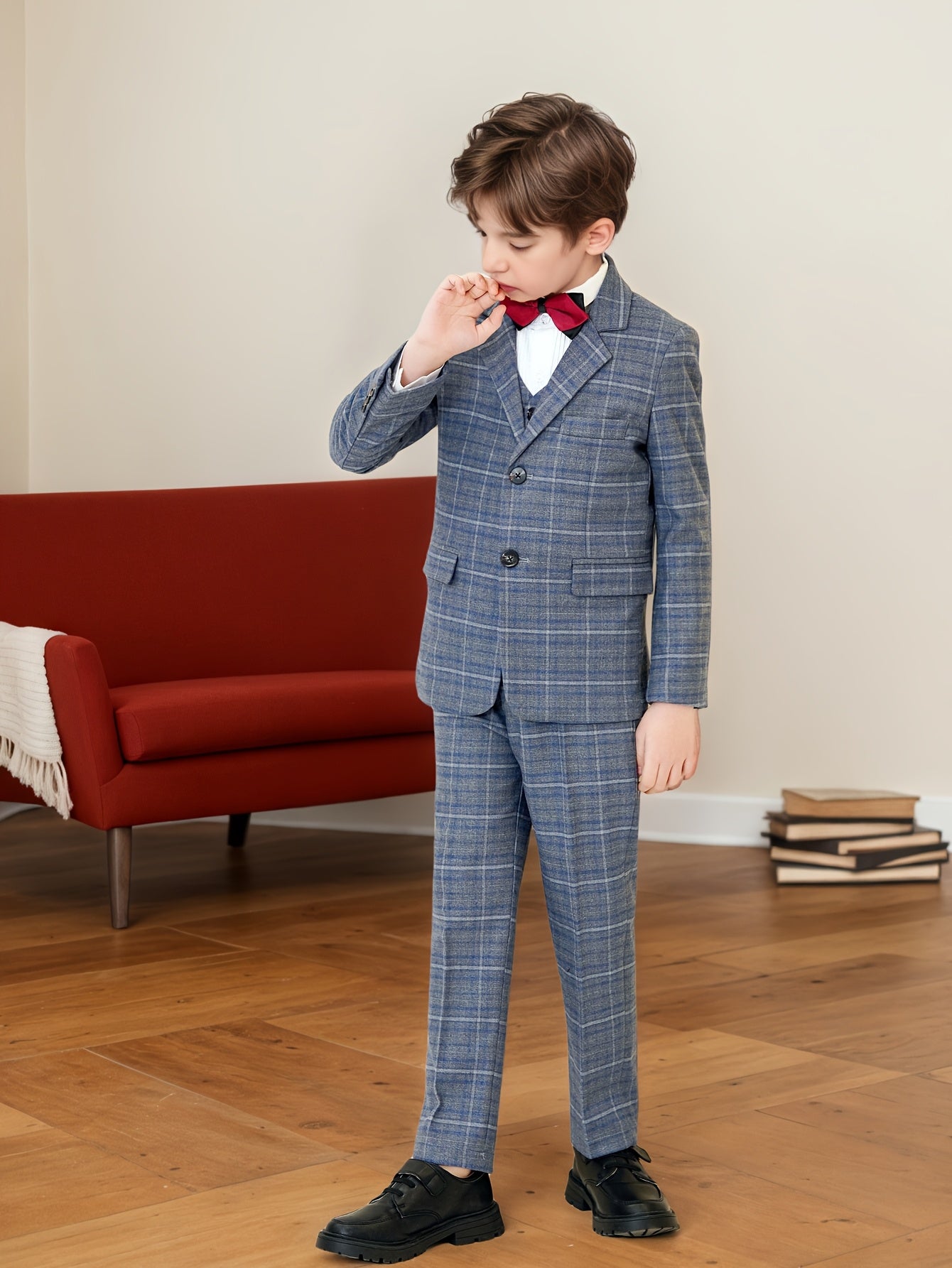Boys' Suit Three-Piece Set Blue and White Plaid Jacket + Vest + Trousers 6-16 Size Formal Wear Boys' Wedding Dress Party Performance Outfit Christmas Collection School Event Attire