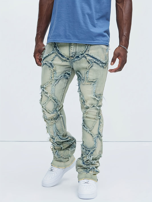 Men's Slim-Fit Washed Distressed Jeans with Mid-Rise & Multi-Pocket Design - Mid-Stretch Micro-Flare Denim Pants for All-Season Comfort, Machine Washable Casual Trousers, Relaxed Fit Bottoms, Modern Streetwear, Durable Constr