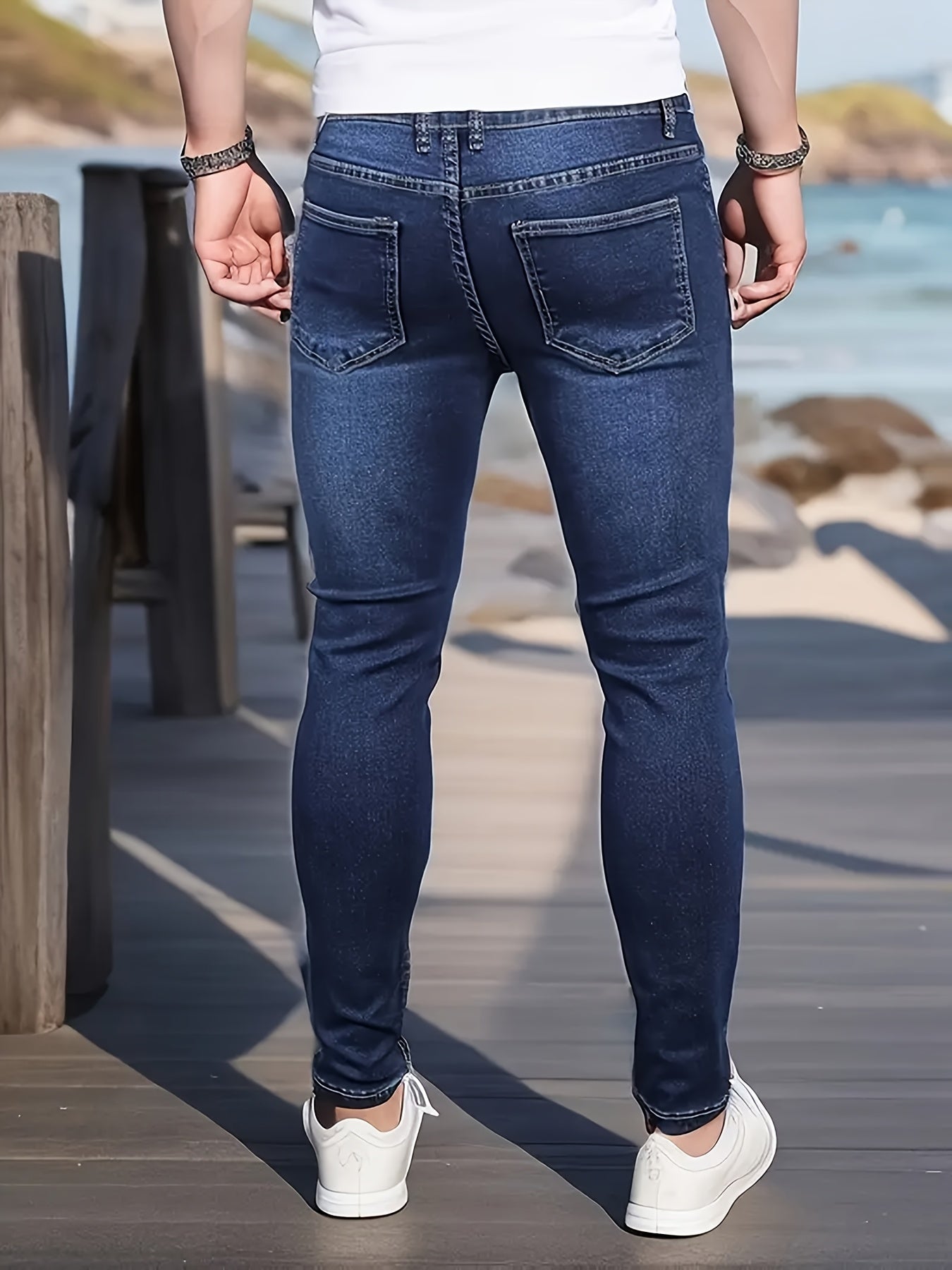Men'S Slim-Fit Stretch Denim Jeans - Mid-Rise Casual Street Style, Light Wash, Mid-Stretch Comfort Fit for Casual Attire, Versatile Jeans|Slim Fit Jeans|Washed Jeans