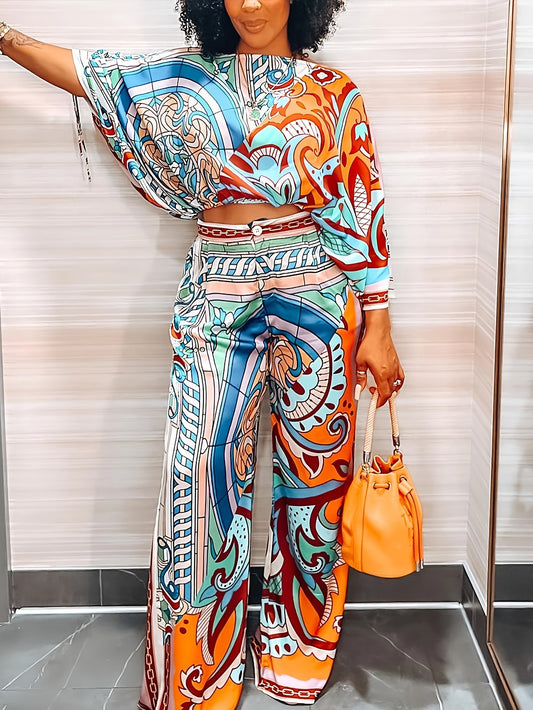 Women'S Abstract Print Wide Leg Pants - Non-See-Through Batwing Trousers with Button Closure, Fall/Winter Pants in Blue/Orange/Teal/Black/White/Gray/, Office & Party Outfits for Everyday Formal Events, Winter Clothing, Comfor