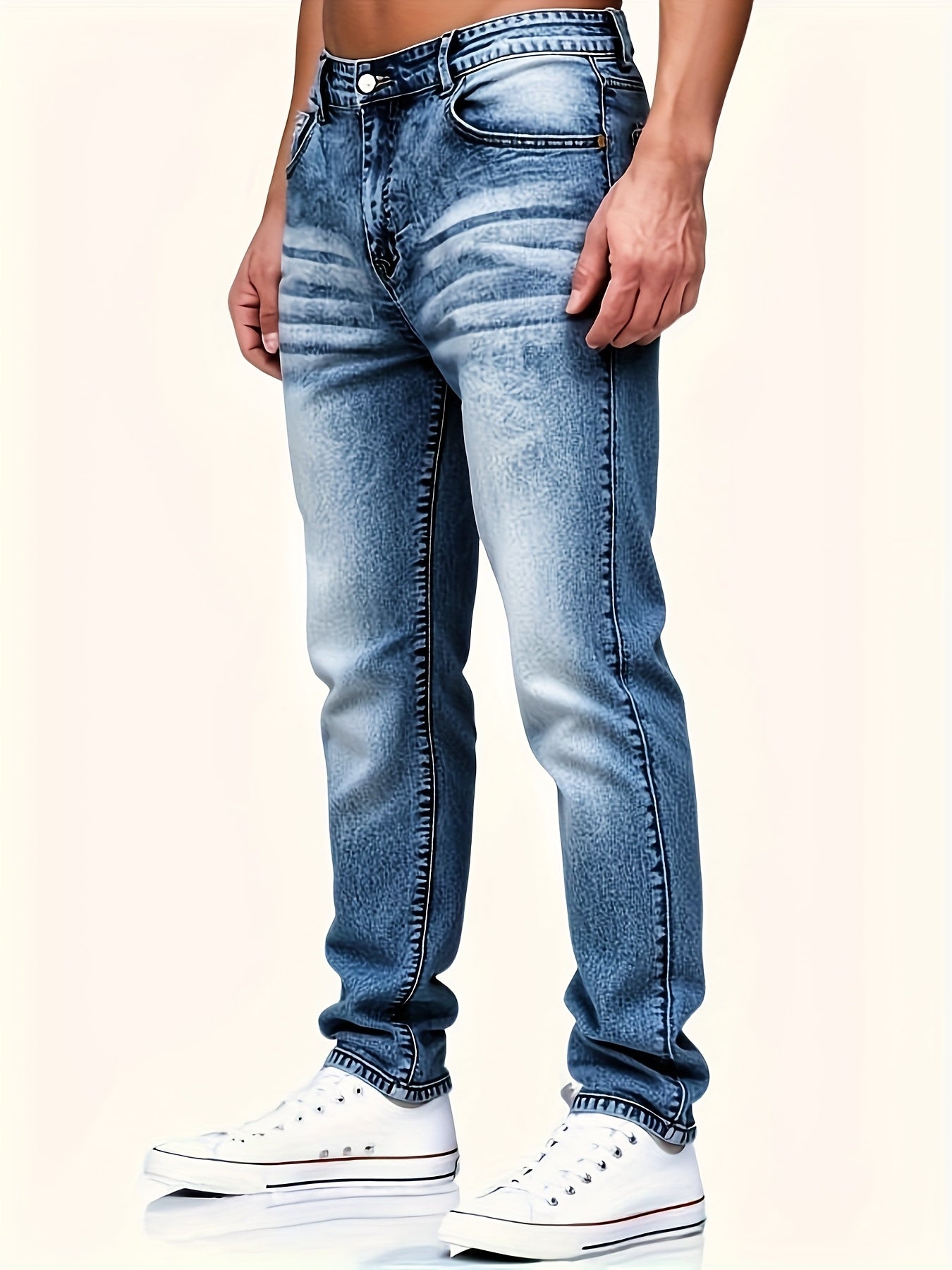 HME Men's Stretch Jeans - Skinny Fit Stretch Denim Pants with Mid-Rise Straight Leg, Vintage Washed Blue Jeans, Machine Washable Everyday Casual Pants for All Seasons (Non-See-Through), Allseason Clothing, Timeless Fivepocket