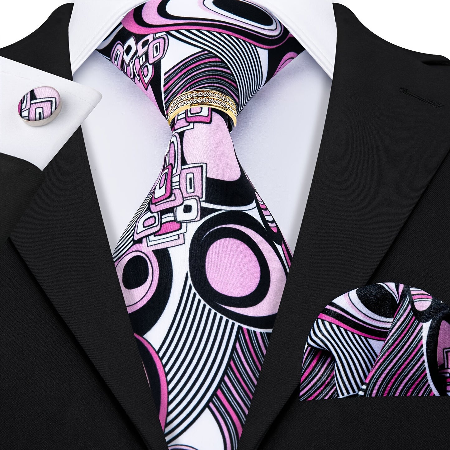 LINEZISEID 4pcs Mens frivolous Tie Pink Red Printing Tie Breathable Necktie Hanky Square Cufflinks Ring Set Wedding Party Groomsman Gift