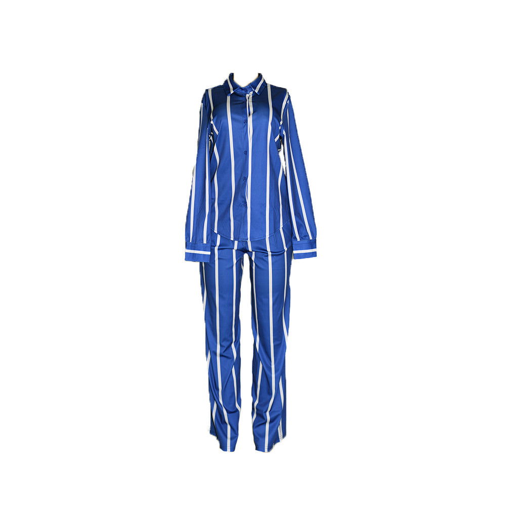 [Two-piece Set Long Sleeve Shirt] Striped Print Two-piece Set, Button Front Collar Long Sleeve Shirt & High Waist Wide Leg Loose Pants Set, Women's Clothing