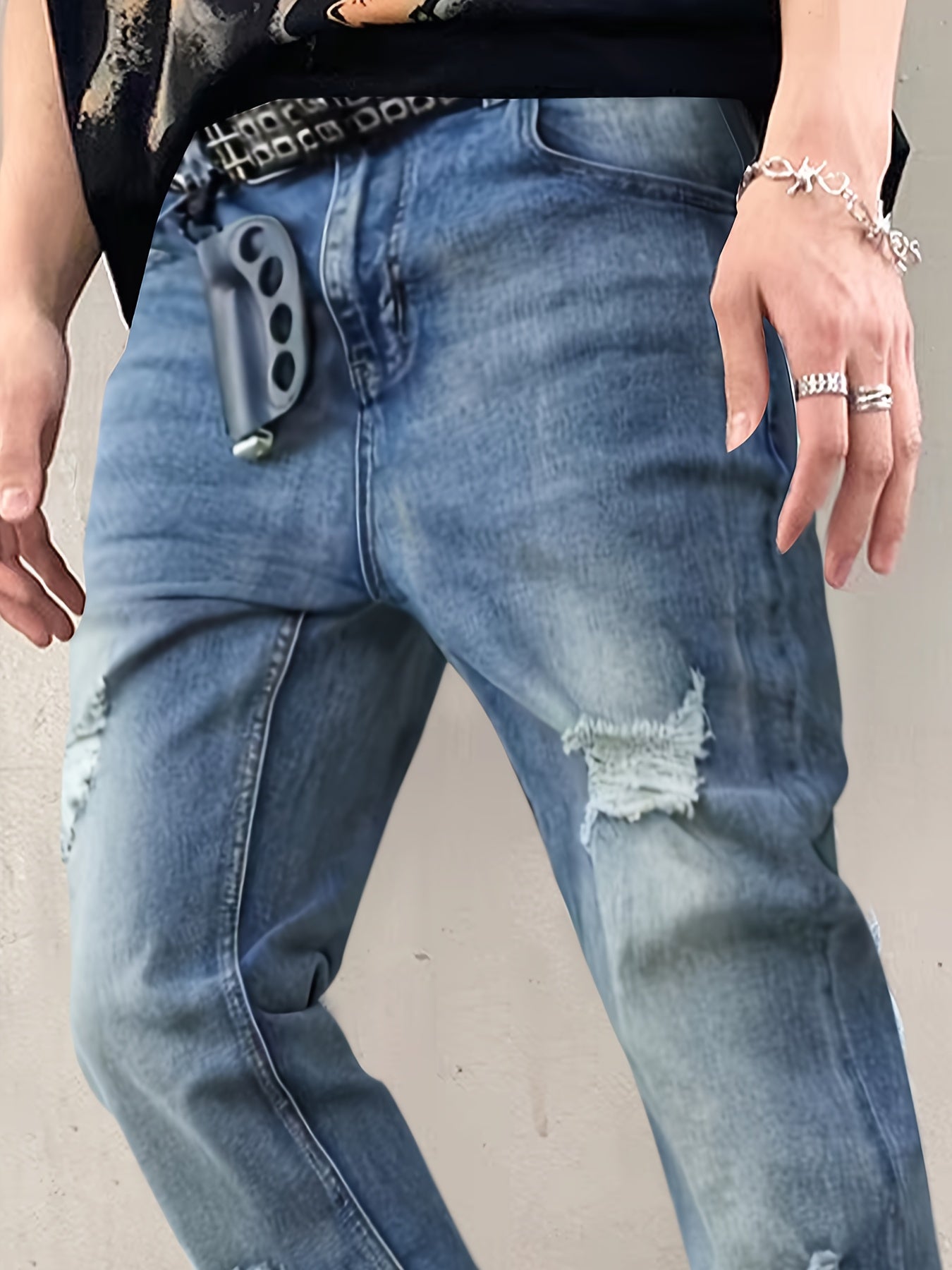 Men's Loose Straight Ripped Jeans - Men's Blue Stretch Micro Flared Pants, Leg Zipper, Washed Gradient Design, Mid to High Waist, Stylish Street Split, All-Season Jeans