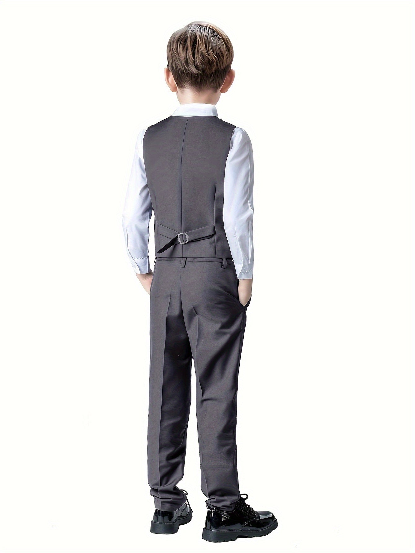 Furuyal Boys' 4pcs Formal Suit Set Vest Pants Collared Dress Shirt And Tie Boys' Suit Size 6-16Y Boys Suits Suitable For Music Festival Graduation Season Party