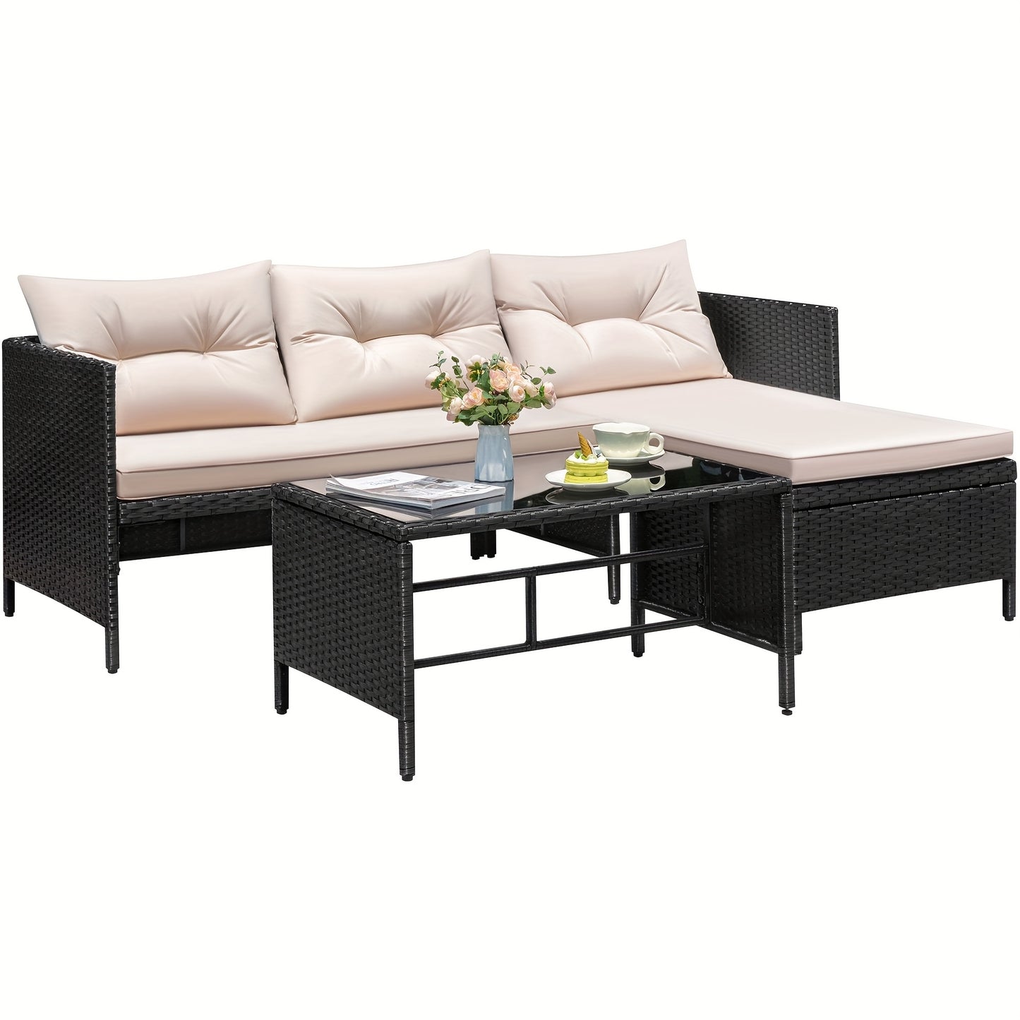 Outdoor Rattan Sofa, L-Shaped Lounge Chair With Table, Black Rattan And Beige Cushion
