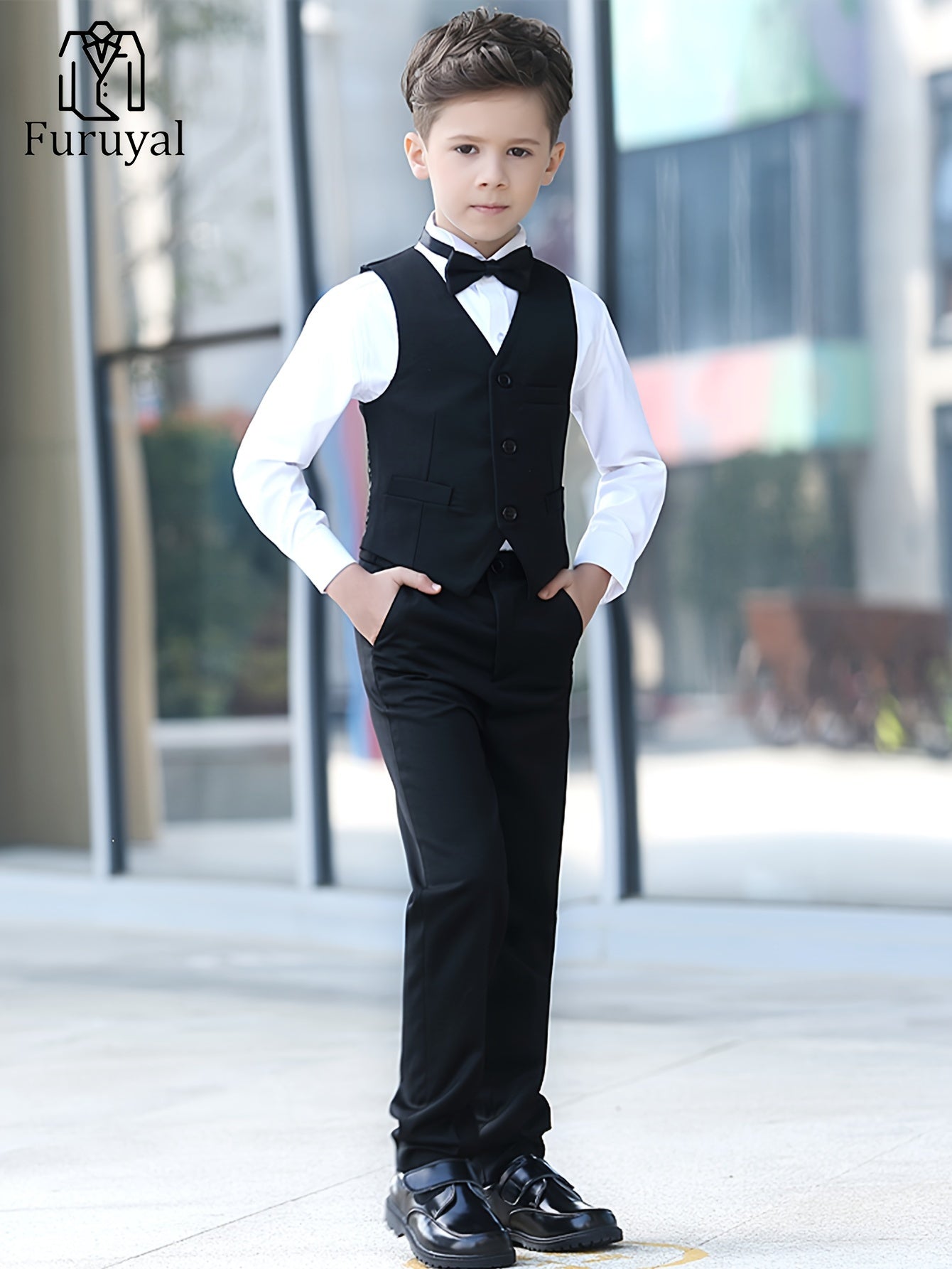 Furuyal Boys' 4pcs Formal Suit Set Vest Pants Collared Dress Shirt And Tie Boys' Suit Size 6-16Y Boys Suits Suitable For Music Festival Graduation Season Party