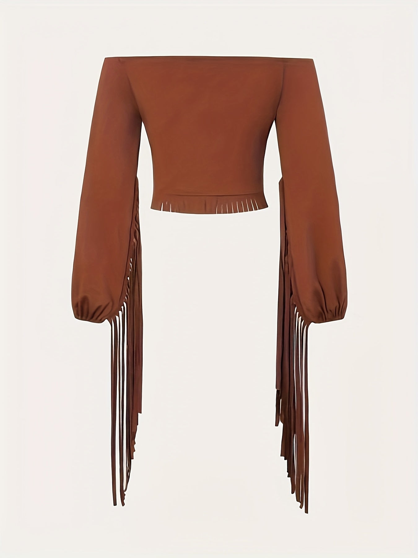 [Vintage Boho Western Top] Vintage Boho Western Off-Shoulder Top, One-Shoulder Fringe Cowboy Blouse, Tribal Print Vacation Long Sleeve Shirt