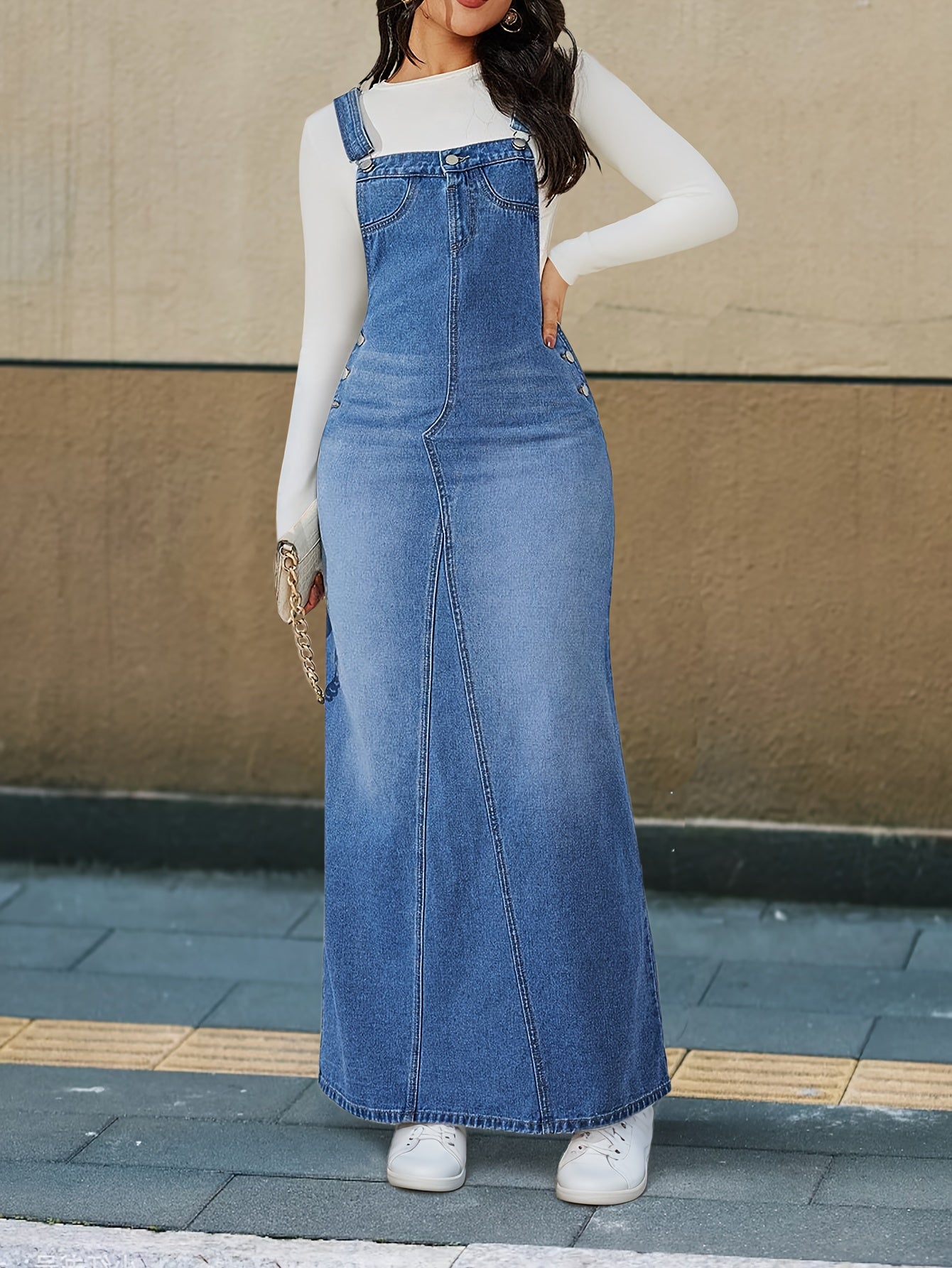Durable Denim Dress - Women's Non-Stretch Loose Fit Long Skirt with Detachable Strap, Multiple Buttons for Easy Closure, Everyday to Formal Outfits - Casual Chic Outwear, Versatile Outfit Option