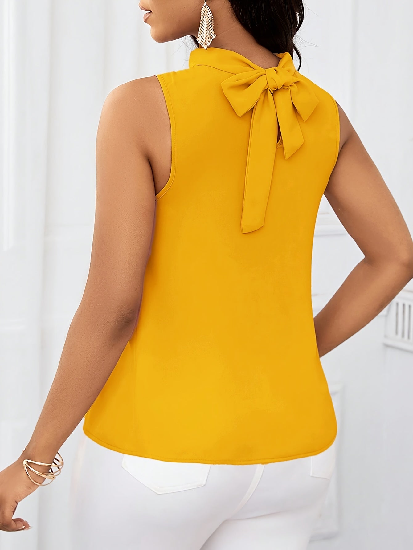 100% Polyester Solid Color High Neck Sleeveless Top - Lace-Up Detail, Woven Fabric, 120g/m², Regular Length, All-Season Wear