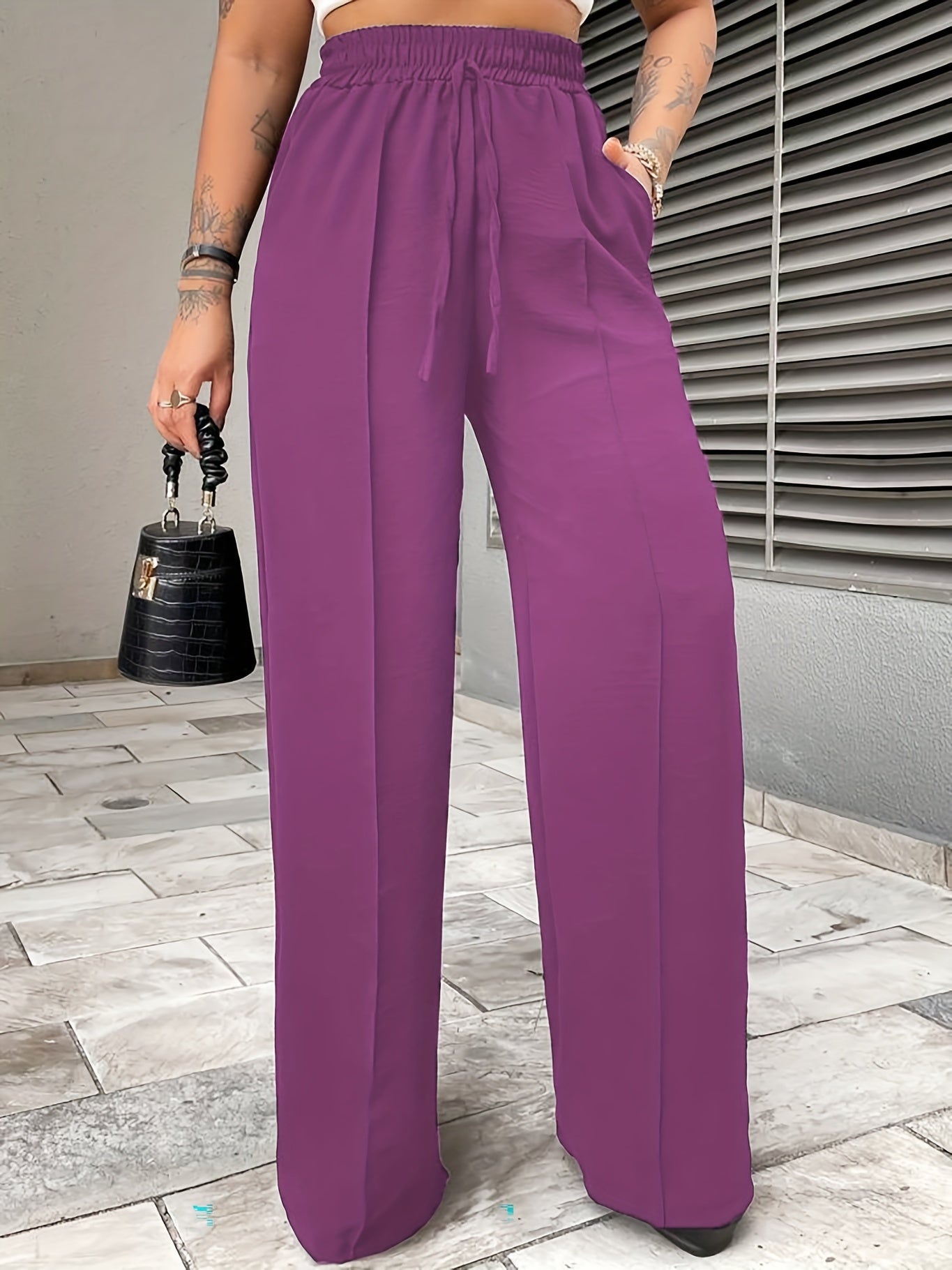Elegant Middle-Eastern Polyester Straight Leg Pants 95% Polyester 5% Elastane Solid Color with Faux Drawstring Detail Spring/Fall Collection for Women - Woven Fabric, Comfort Fit Lounge Trousers with Pockets