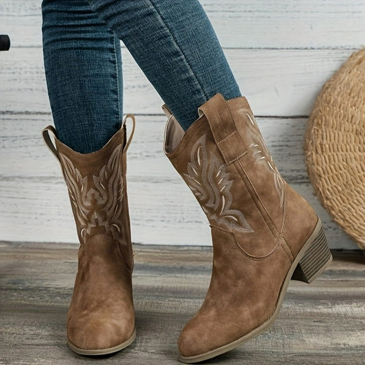 MagiMoBo Women's Western Slip-On Mid-Calf Boots - Pointed Toe Chunky Heel with Floral Embroidery, Synthetic Cover & Rubber Sole, All-Season Casual Boots for Jeans & Dresses, Stylish Footwear, Embellished Footwear, Detailed Em