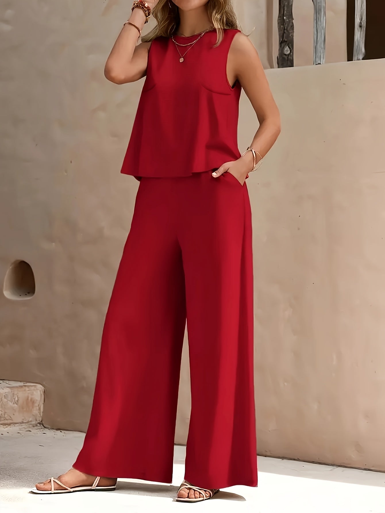 Chic Spring/Summer Women'S Two-Piece Set: Sleeveless Round Neck Top with Pockets, Elastic Waist Relaxed Pants, and White Sandals - Solid Color, Casual Style, Casual Attire|Relaxed Fit Pants|Pocketed To