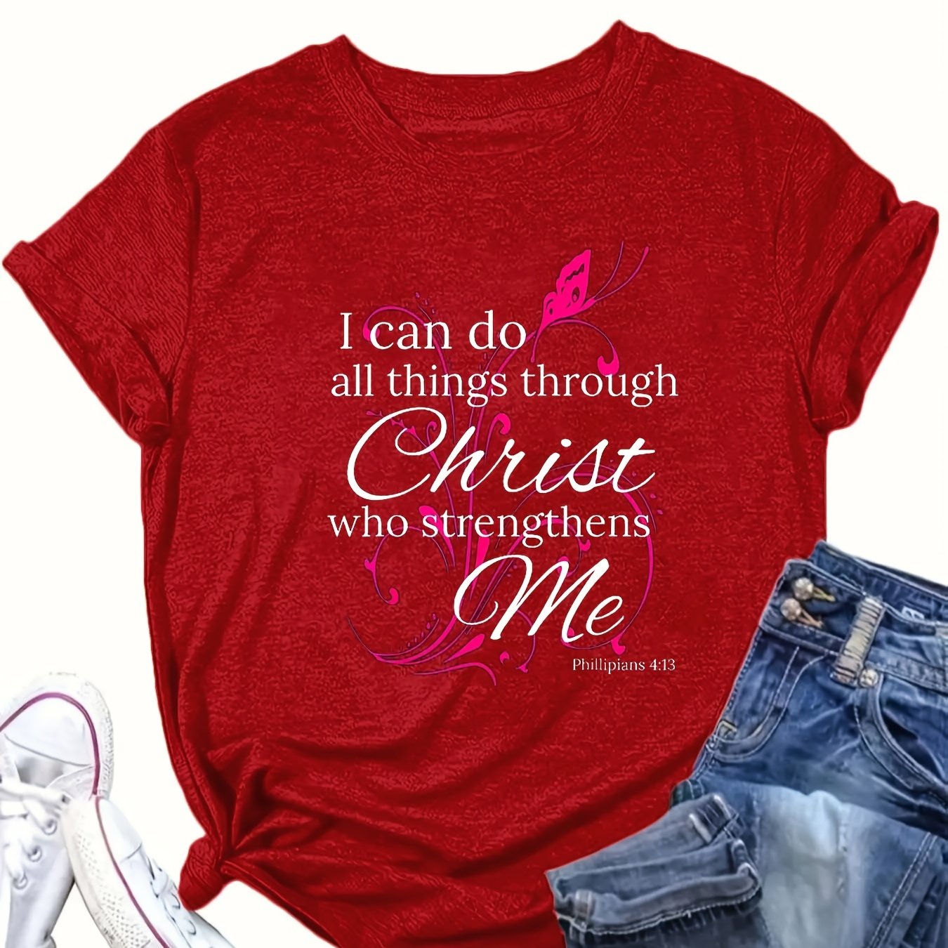 Women'S Plus Size Printed T-Shirt, Floral Graphic, Casual Loose Crew Neck, Soft Knit Fabric, 65% Polyester, 30% Viscose, 5% Elastane, Slight Stretch, All Seasons, 180g/m² - "I Can Do All Things Through Christ Who Strengthens