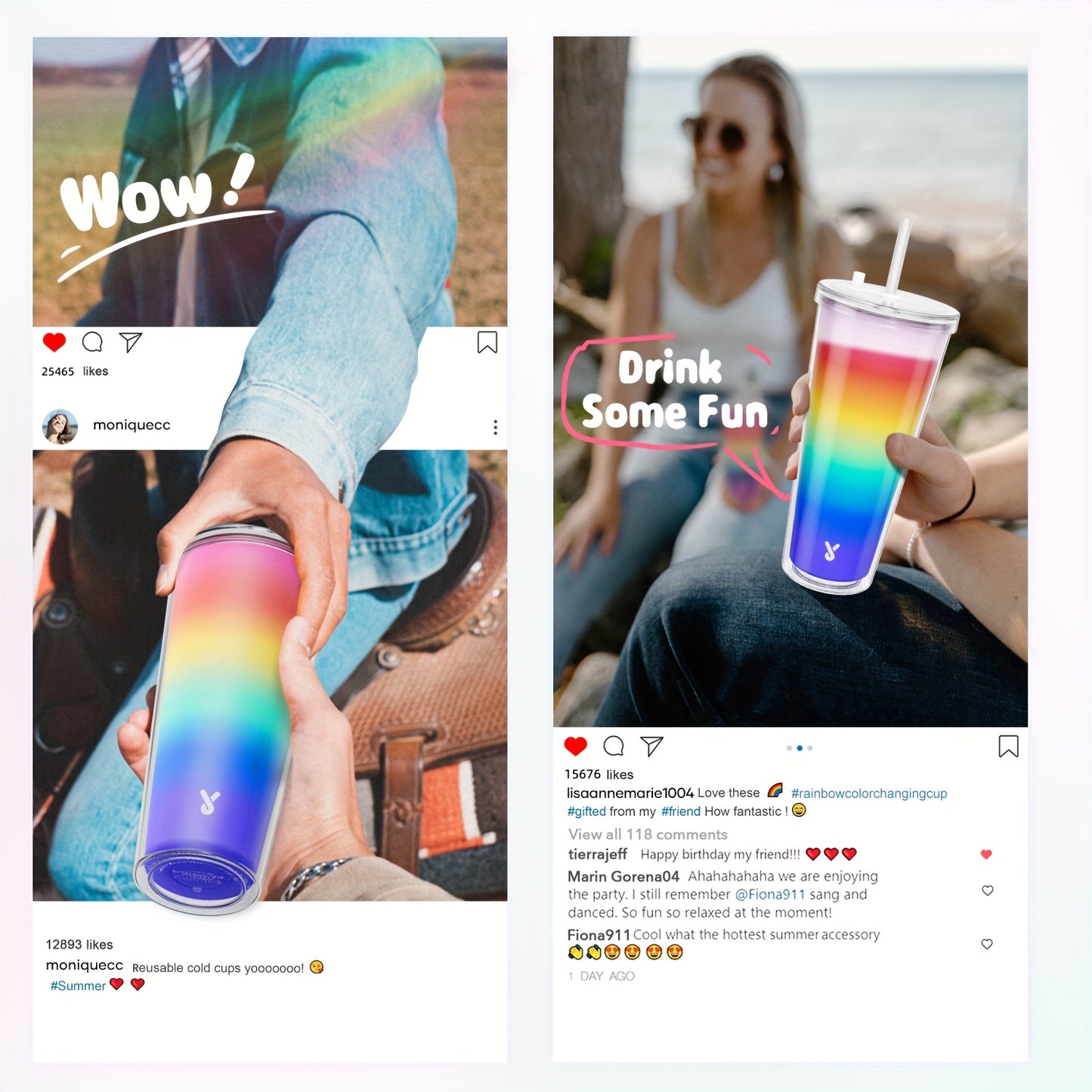 Meoky 24oz Double Wall Rainbow Color Changing Cup with Lid & Straw - BPA-Free, Lightweight, Reusable Plastic Tumbler for Iced Coffee, Parties, Pool Days - Add Cold Liquid Below 67°F to Reveal Magical Rainbow Colors