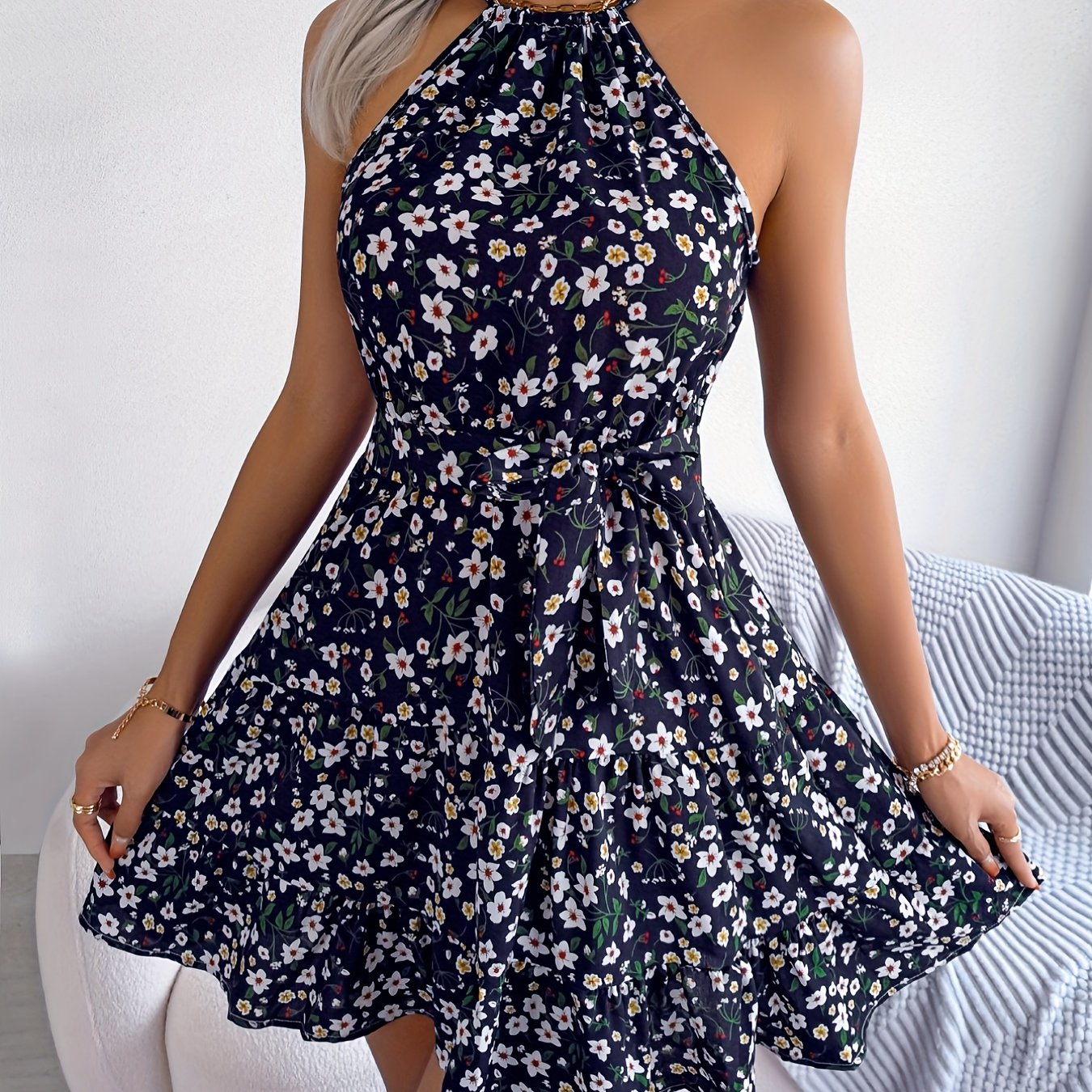 [Summer Floral Belted Beach Dress] Floral Print Belted Beach Dress, Sleeveless Casual Vacation Dress For Summer & Spring, Women's Clothing