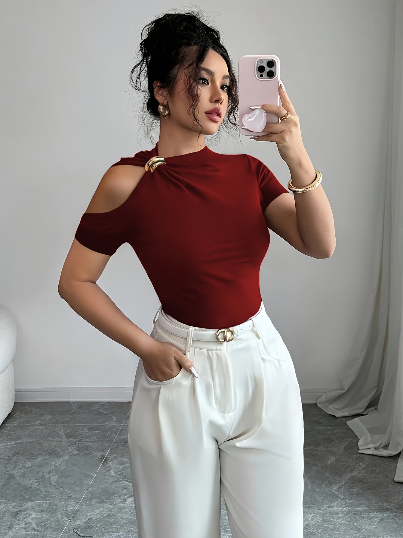 Women's Slim-Fit Fashion Short-Sleeve Top with Front Tie and Metal Buckle Detail