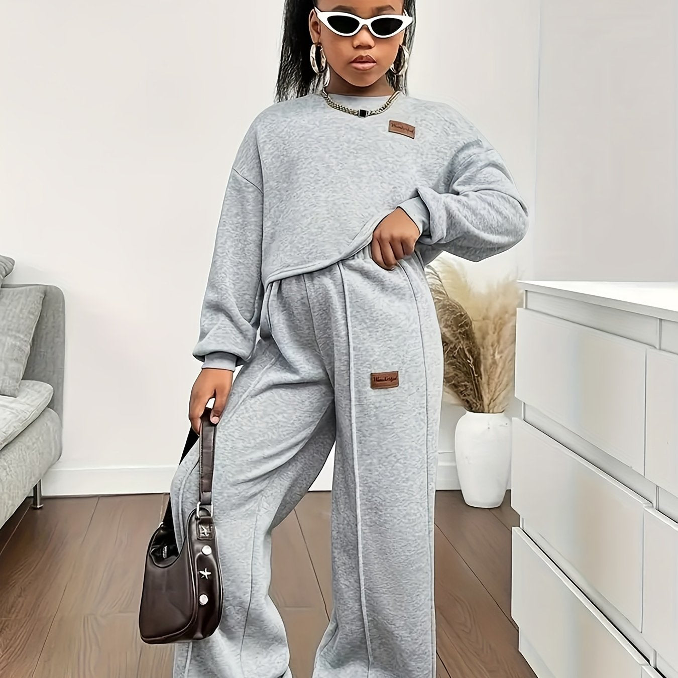 [Oversized] Girls' 2pcs Long Sleeve T-Shirt & Pants Set - Oversized Casual Outfit with Letter Print, Elastic Waist Pants, Round Neck Blouse, Machine Washable Spring/Fall Clothes for, Playdates & Casual Attire ( to), Perfect f