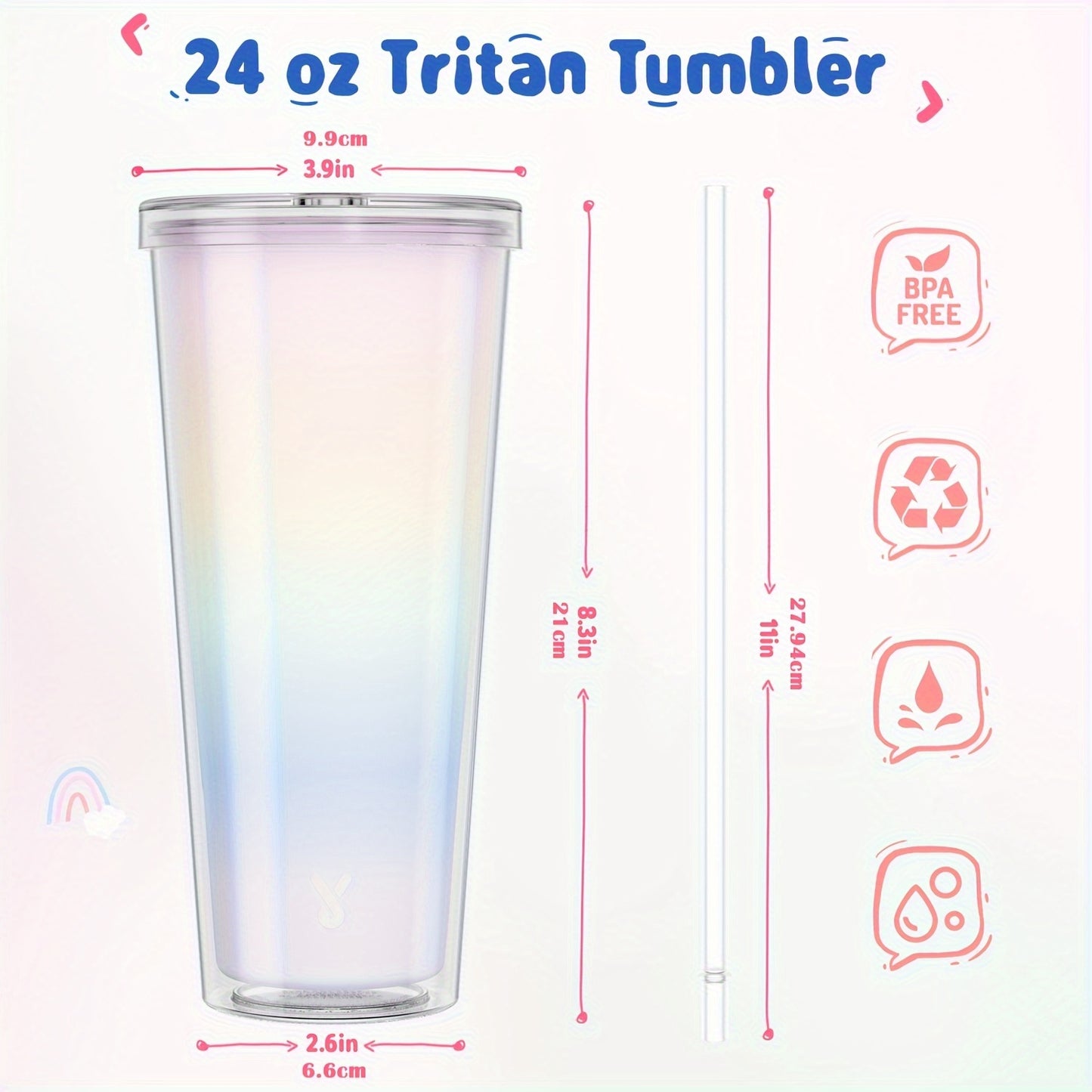 Meoky 24oz Double Wall Rainbow Color Changing Cup with Lid & Straw - BPA-Free, Lightweight, Reusable Plastic Tumbler for Iced Coffee, Parties, Pool Days - Add Cold Liquid Below 67°F to Reveal Magical Rainbow Colors