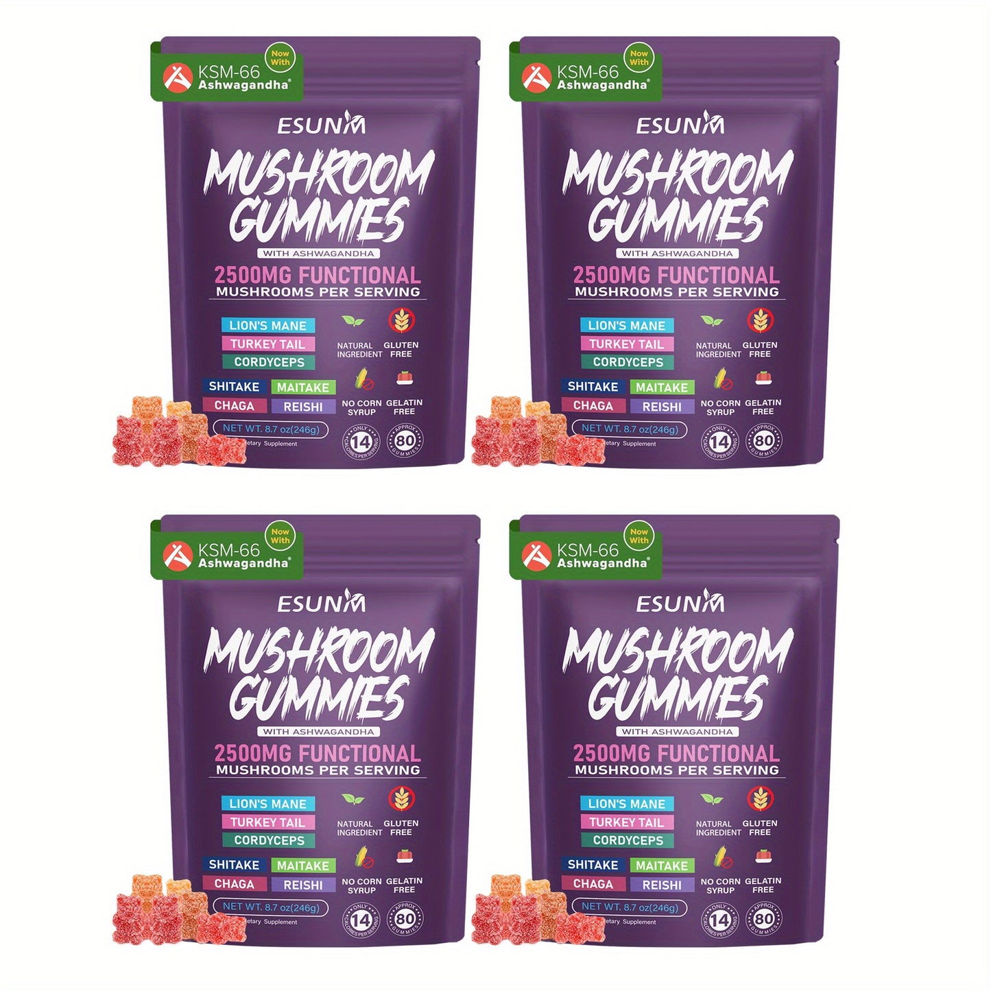 1/2/3/4 Bags Ashwagandha And Lions Mane Mushroom Gummies - Includes Reishi, Cordyceps, Turkey Tail, Maitake, Shiitake, And Chaga, Low Carb, 80 Gummies Per Bag