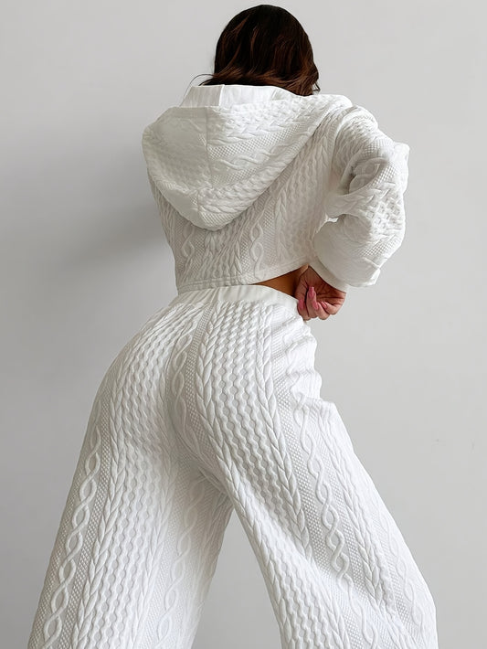 Women'S Fashion Two-Piece Casual Set in Solid Color Textured Fabric Cropped Zip-Up Hoodie and Straight Pants