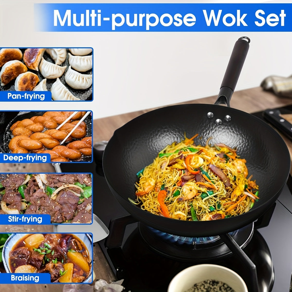 13.4 Inch Hand-Forged Cast Iron Wok with Lid & Spatula - Non-Stick, Durable Carbon Steel for Electric, Induction & Gas Stoves - Perfect for Stir-Fry, Steak & More - Includes User Guide Video, Kitchen Essential | Traditional K