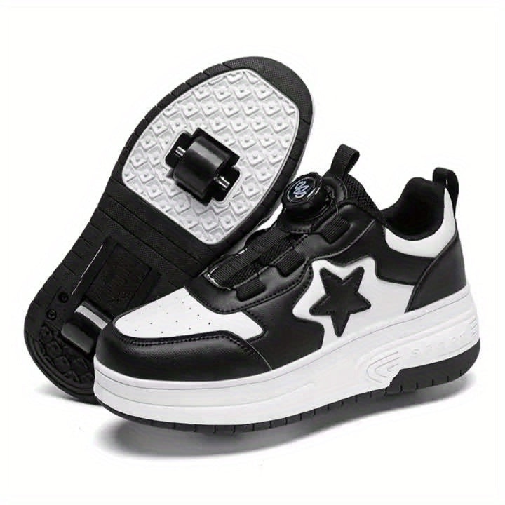 & Pink Roller Skate Sneakers with Detachable Wheels & Rotating Buckle Closure - All-Season Comfort, Star Pattern Design, Low-Top TPR Sole & EVA Cushioning - Durable -like Upper for Training, Sports, Outdoor Play - Ideal Birth