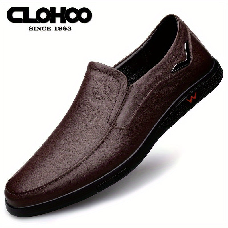 CLOHOO Men's Slip-On Casual Shoes - Genuine Leather Upper, Rubber Sole with PU Cushioned Insole, All-Season Comfort for Business , Brown/Black, Casual Footwear | Classic Slip on | Rubber Sole Footwear