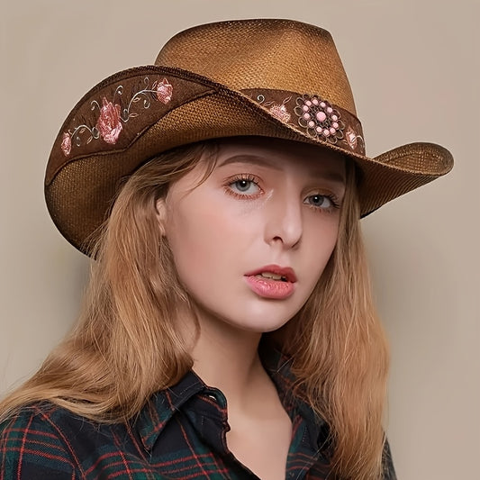 Women'S Western Cowboy Hat, Embroidered Natural Straw, Sunscreen, Drawstring Closure, Non-stretching, Hand Washable - Ideal For Summer And May Day Celebrations
