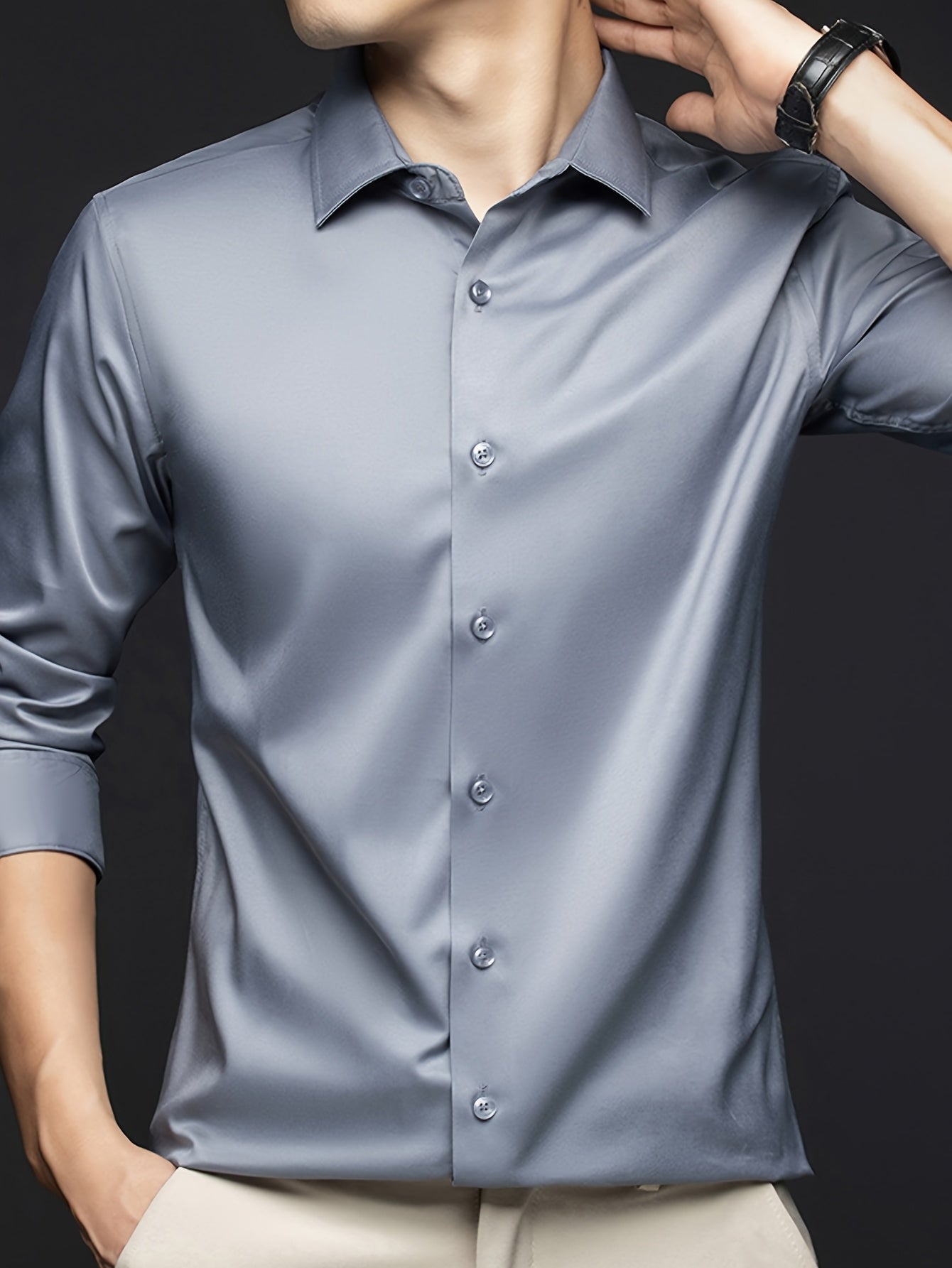 Men's Wrinkle-Resistant Lightweight Long Sleeve Dress Shirt - Solid Color Button-Up with Chest Pockets, Non-Stretch Fabric, Classic Collar Design for Casual & Formal Wear, Spring/Fall Essential, Durable & Easy Care, Autumn Ap
