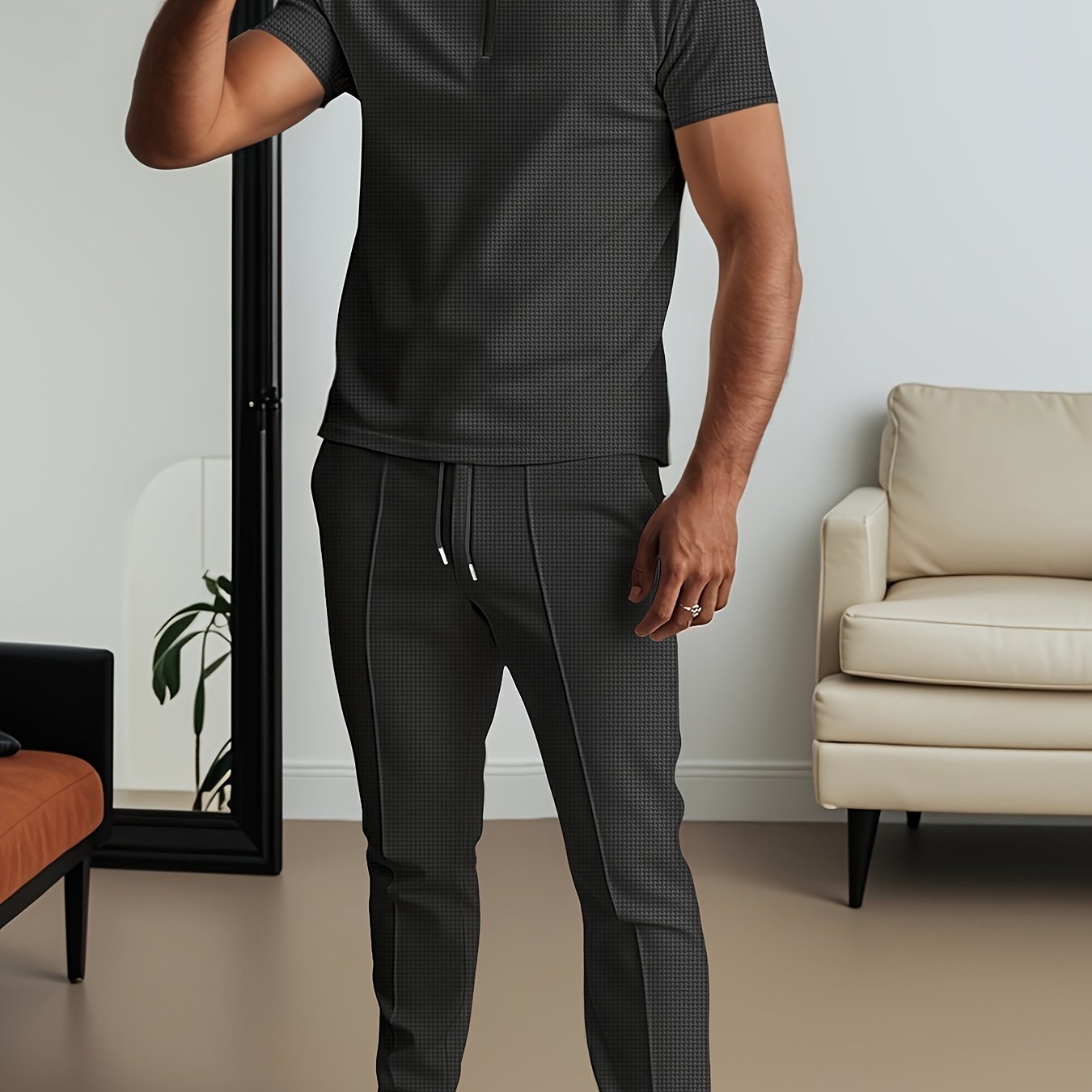 Men's Waffle Texture Lapel Shirt And Pants Set - Polyester Short Sleeved Shirt, Zipper Access, Elastic Drawstring Waist Straight Leg Pants 5 Colors Suitable For Spring, Summer, Autumn, Beach, Outdoor Activities, Daily Wear, S