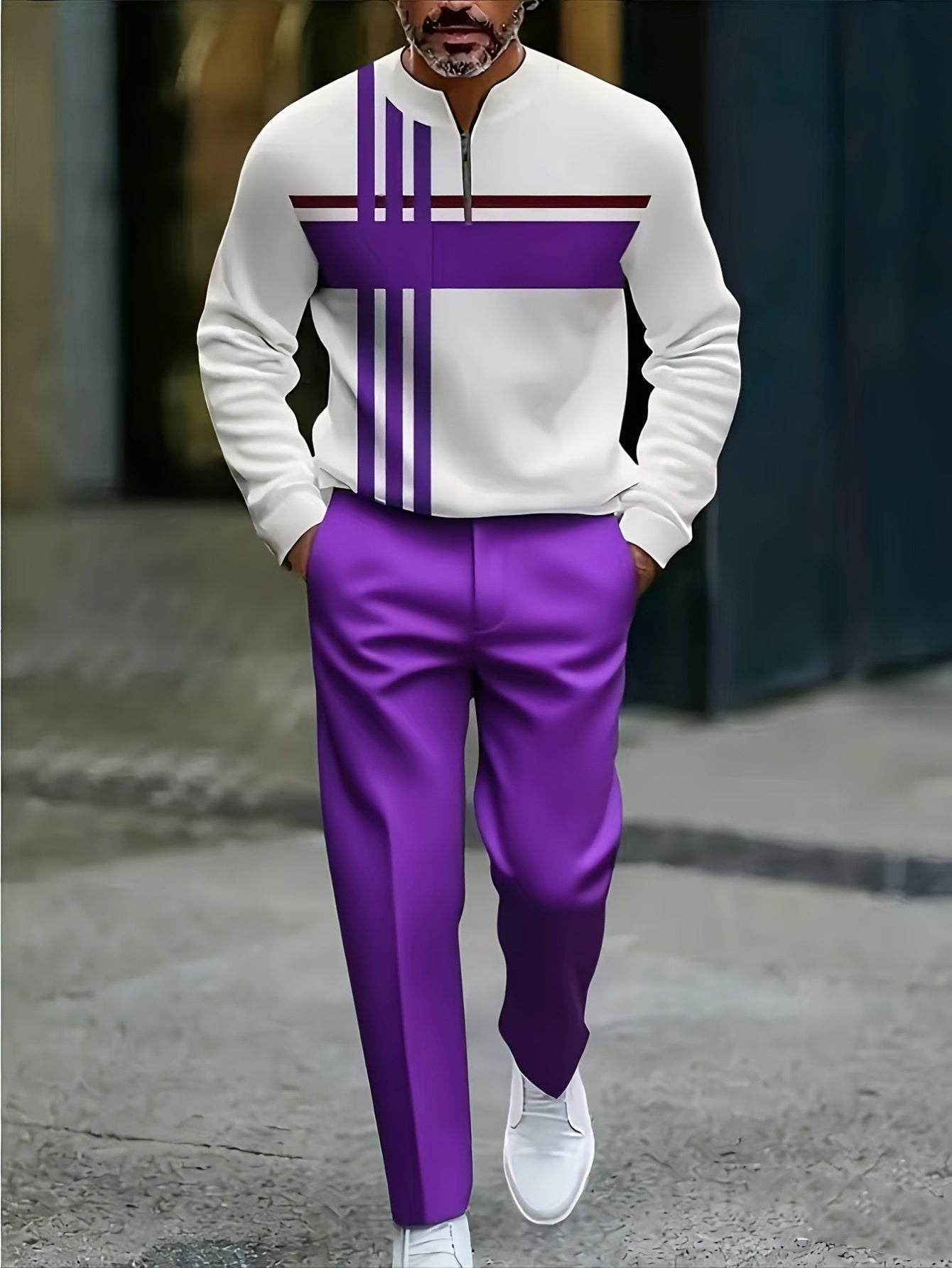 Men's Stylish Two-Piece Suit with Zipper Details - White Long-Sleeve Shirt & Purple Pants, Casual All-Season Wear, Perfect for Parties, Vacations, and Daily Commuting, Casual Attire|Zipper Detail Shirt|Slight Stretch Fabric