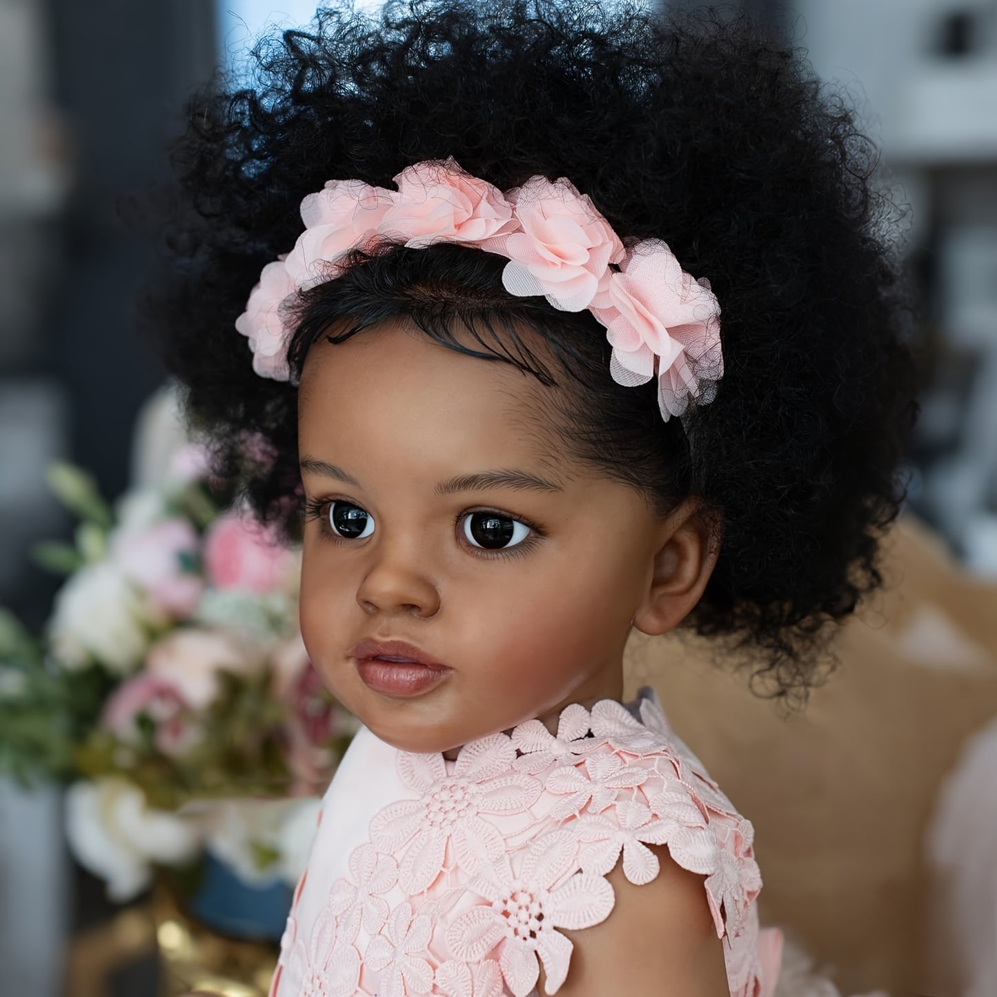 [Realistic Reborn Baby Doll] 26" African American Black Realistic Reborn Baby Doll with Rooted Curly Hair, Expressive Eyes & Lifelike Light Beige - Newborn Girl Doll with Outfit & Diaper - Ideal Gift for Girls Age 3+ (Vinyl &