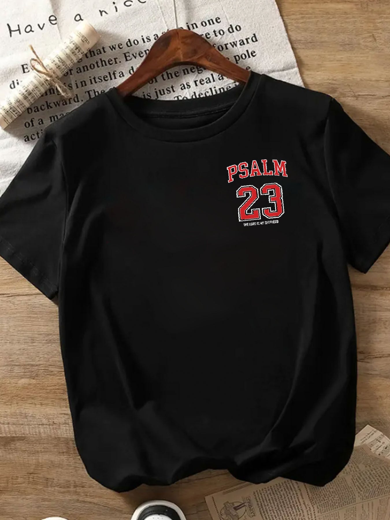 Black with Red Lettering Psalm 23:5 Print Women's Casual T-Shirt - Comfortable Crew Neck, Short Sleeve, Classic Summer Top for Casual Attire, Faith Inspired Apparel | Durable Casual wear, Ladies T Shirts