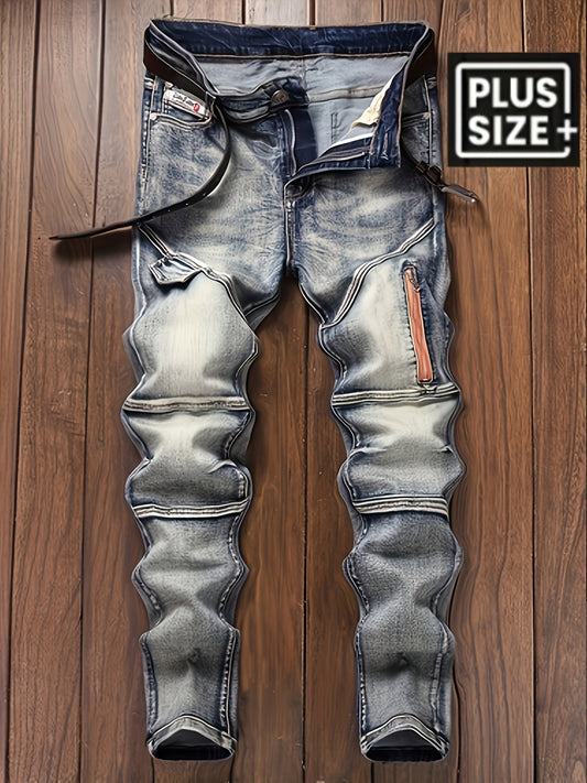 [HME] New Men's Retro Jeans for Autumn And Winter, Featuring Three-dimensional Cut And Patchwork Design, Leg Zipper Decoration, Mid-waist Elastic Slimming Skinny Jeans, Built-in YKK Zipper, Essential Men's Plum-size Jeans for