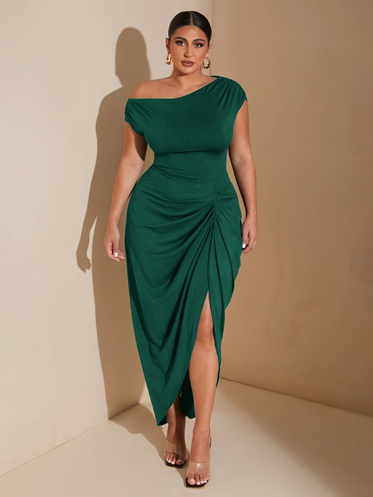Plus Size, Women's Elegant One-Shoulder party & Formal Dress - Asymmetrical Hem, Stretchy Formal event gown, Machine Washable Evening Dress for Women (All-Season)