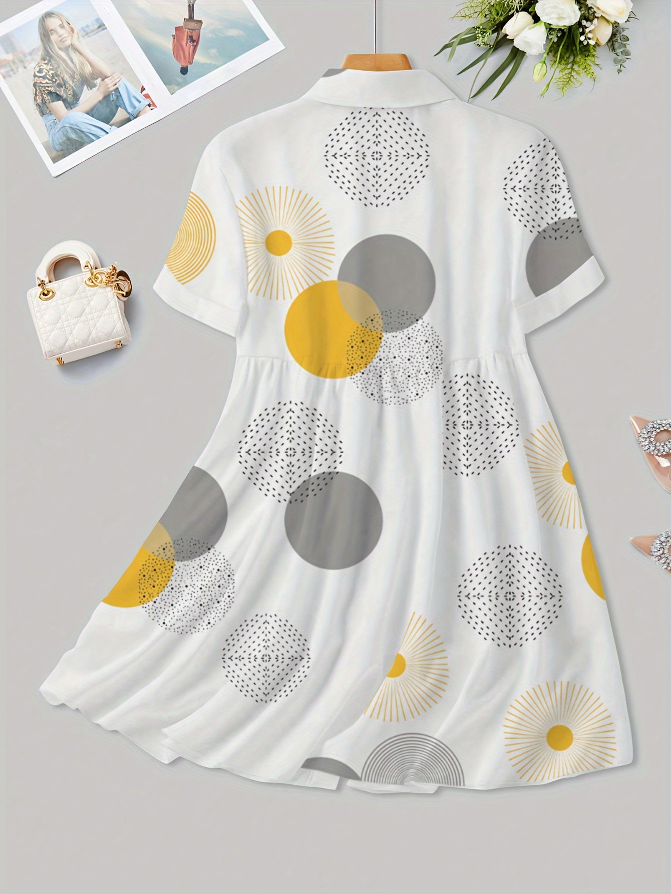 Chic Geometric Print A-Line Dress with Button Front and Collar - Casual Polyester, Machine Washable - Perfect for All Seasons