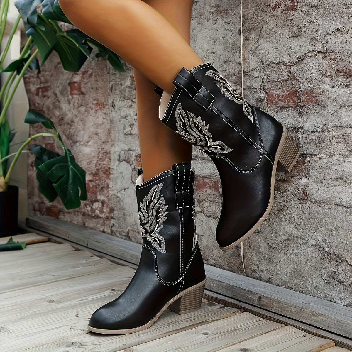 MagiMoBo Women's Western Slip-On Mid-Calf Boots - Pointed Toe Chunky Heel with Floral Embroidery, Synthetic Cover & Rubber Sole, All-Season Casual Boots for Jeans & Dresses, Stylish Footwear, Embellished Footwear, Detailed Em