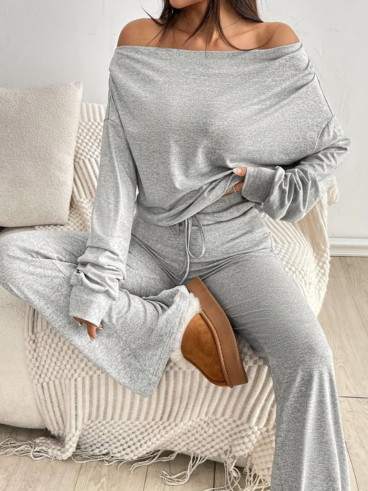 Simple Casual Solid Color Off-Shoulder Long Sleeve Loose Crop Top and Low-Waist Drawstring Flared Pants