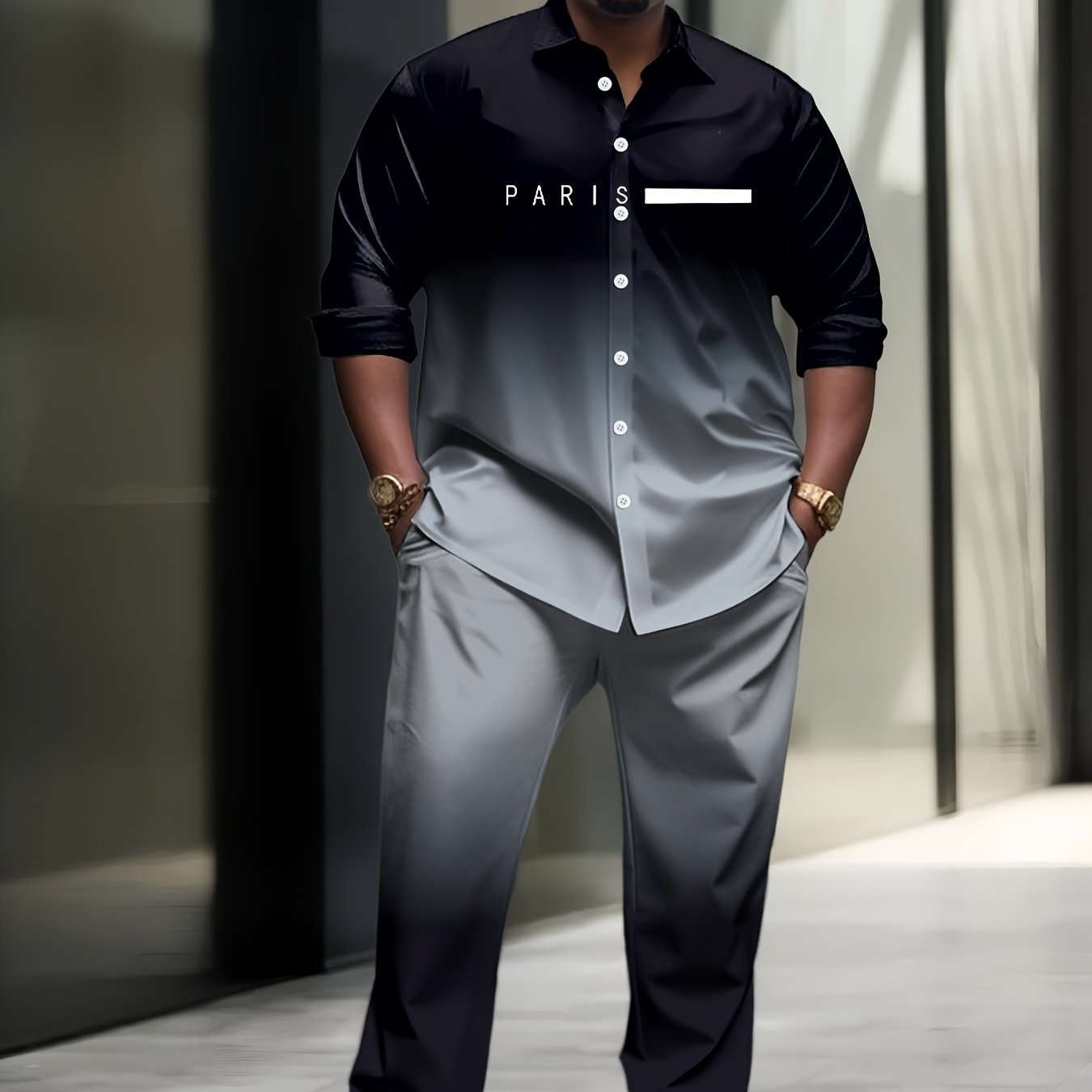 [Plus Size Suit Set] Men's Plus Size Suit - Stretch Long Sleeve Button-Up Shirt & Pants Set | Retro Geometric Check Pattern, V-Neck Lapel Design, Loose Fit for Casual & Formal Wear, Plus Size Blazers