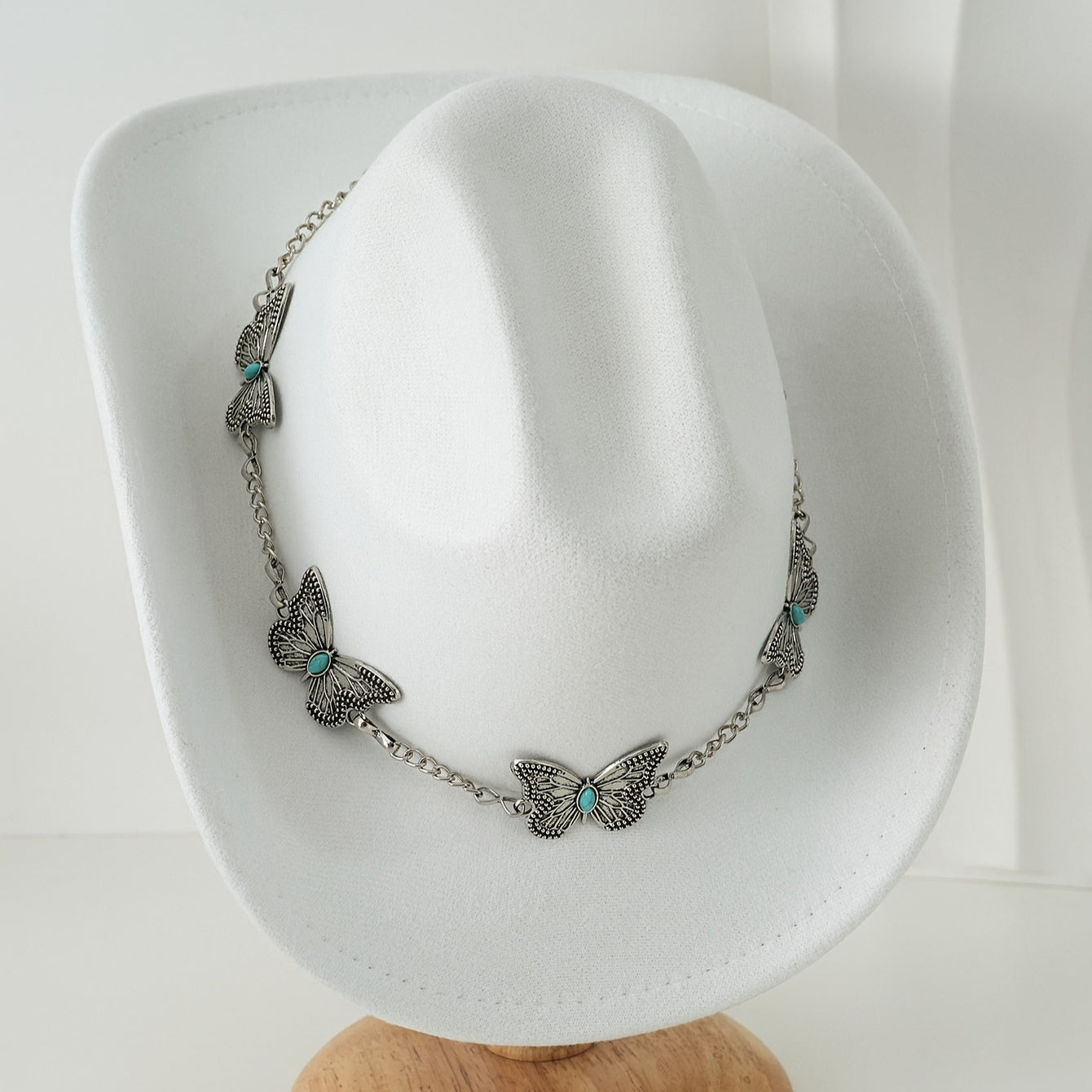 [Western Cowgirl Hat] 1pc Western Cowgirl Hat | Lightweight, Polyester, Woven, Fedora Style with Silvery Metal Butterfly, Ideal for Western Themed Events & Grassland Music Festivals