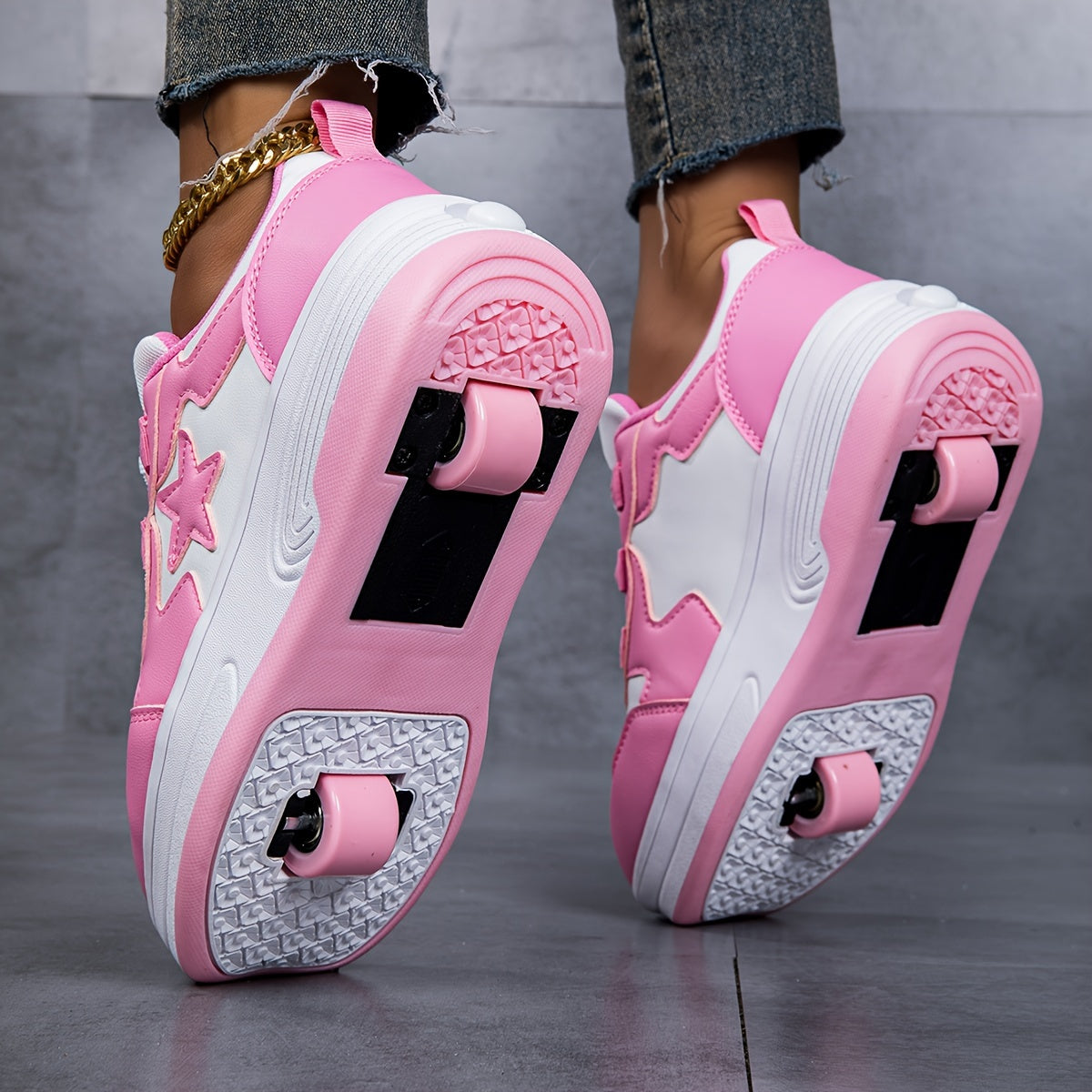 & Pink Roller Skate Sneakers with Detachable Wheels & Rotating Buckle Closure - All-Season Comfort, Star Pattern Design, Low-Top TPR Sole & EVA Cushioning - Durable -like Upper for Training, Sports, Outdoor Play - Ideal Birth