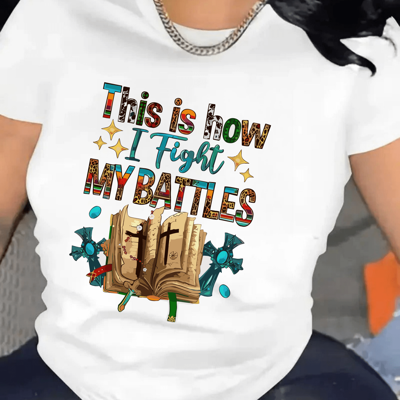 [This is How I Fight Battles Tee] 1pc Women'S Polyester Crew Neck T-Shirt with Geometric-Patterned "This is How I Fight My Battles" Print, High Stretch Knit Fabric, Sports Style Short Sleeve Top for All Seasons