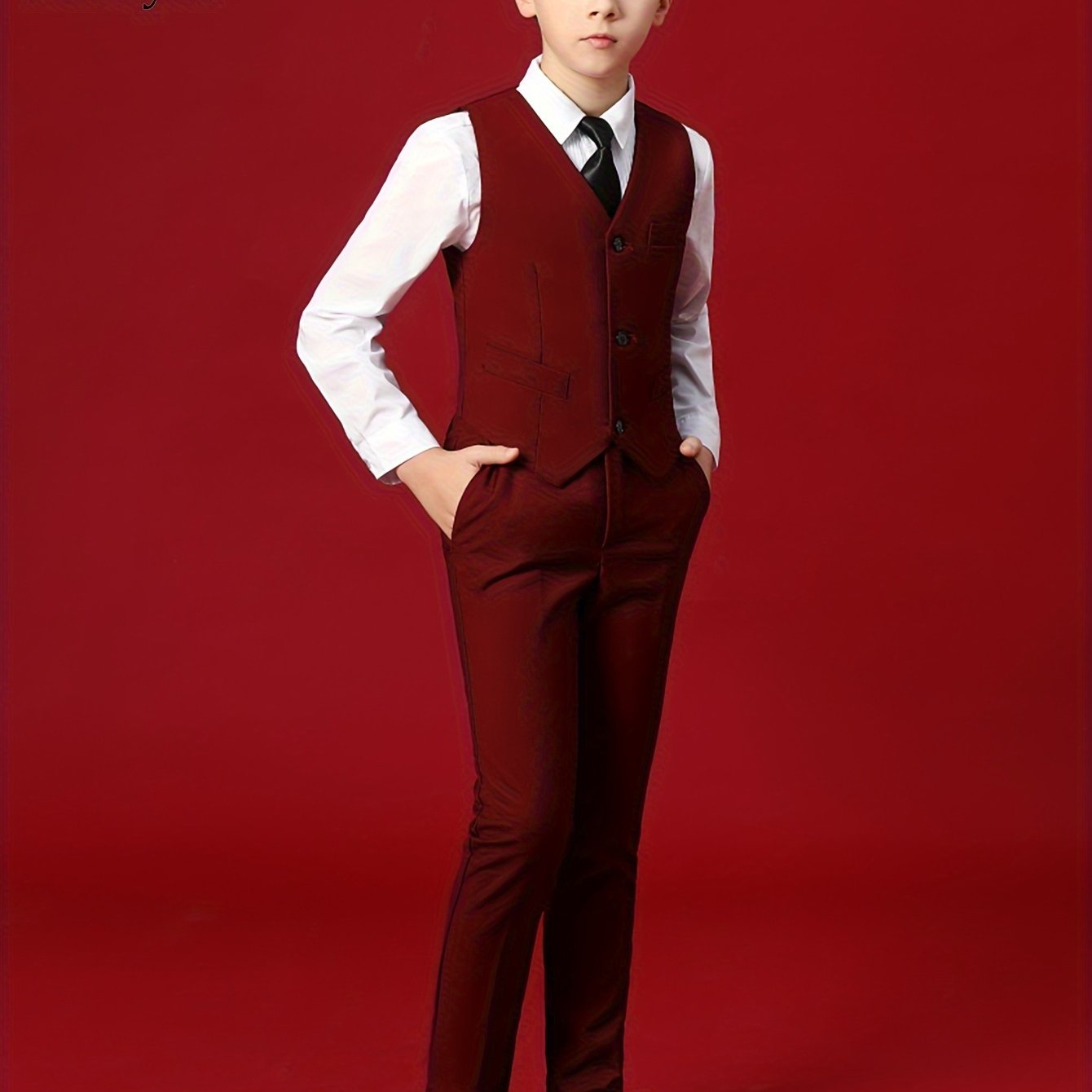 Furuyal Boys' 4pcs Formal Suit Set Vest Pants Collared Dress Shirt And Tie Boys' Suit Size 6-16Y Boys Suits Suitable For Music Festival Graduation Season Party