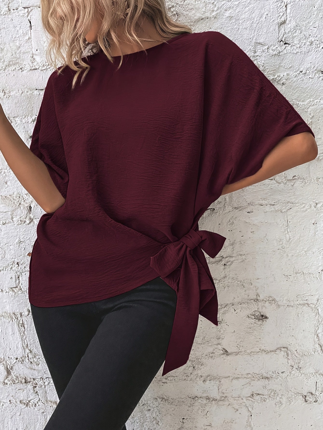 [Burgundy Casual Shirt] Burgundy Women's Casual Shirt | Batwing Sleeve, Side Knot Detail, Round Neck, Solid Color, Machine Washable, Regular Fit