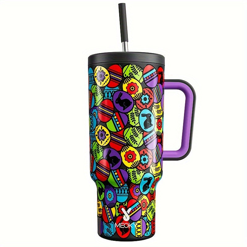 Meoky 40oz Insulated Stainless Steel Water Bottle - Vibrant Butterfly Design, Keeps Drinks Hot/Cold for Hours, with Lid, Straw & Handle - Ideal for Outdoor Activities, Camping, Hiking, Car Travel - Perfect Easter Gift