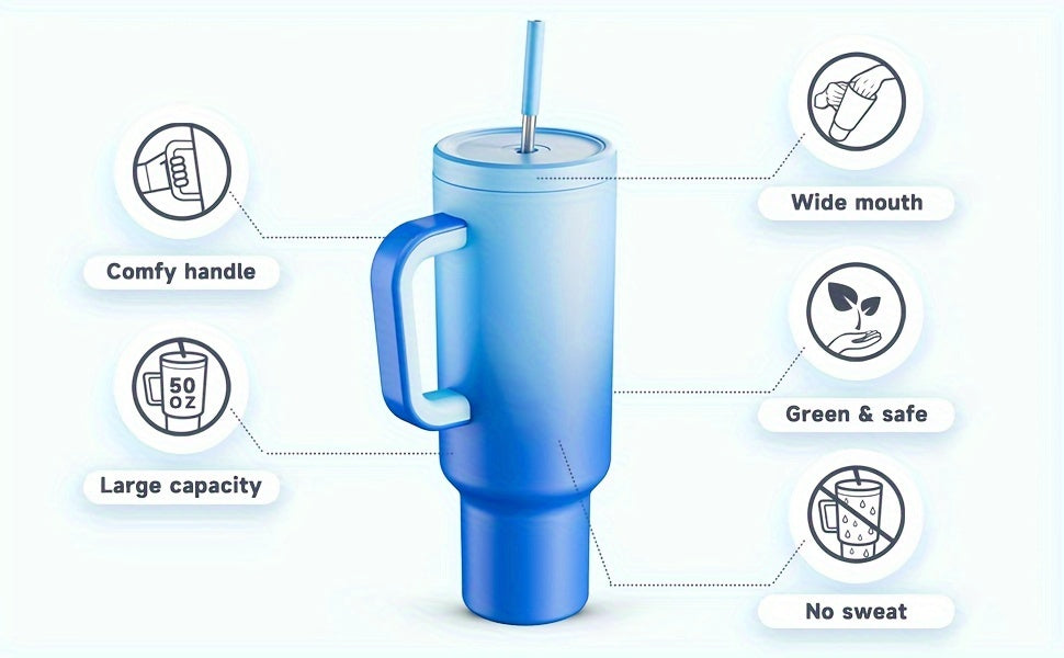 Meoky 50oz Tumbler with Handle, Tumbler with Lid and Straw, Insulated Stainless Steel Travel Mug, 100% Leak-proof, Keeps Cold for 36 Hours or Hot for 12 Hours