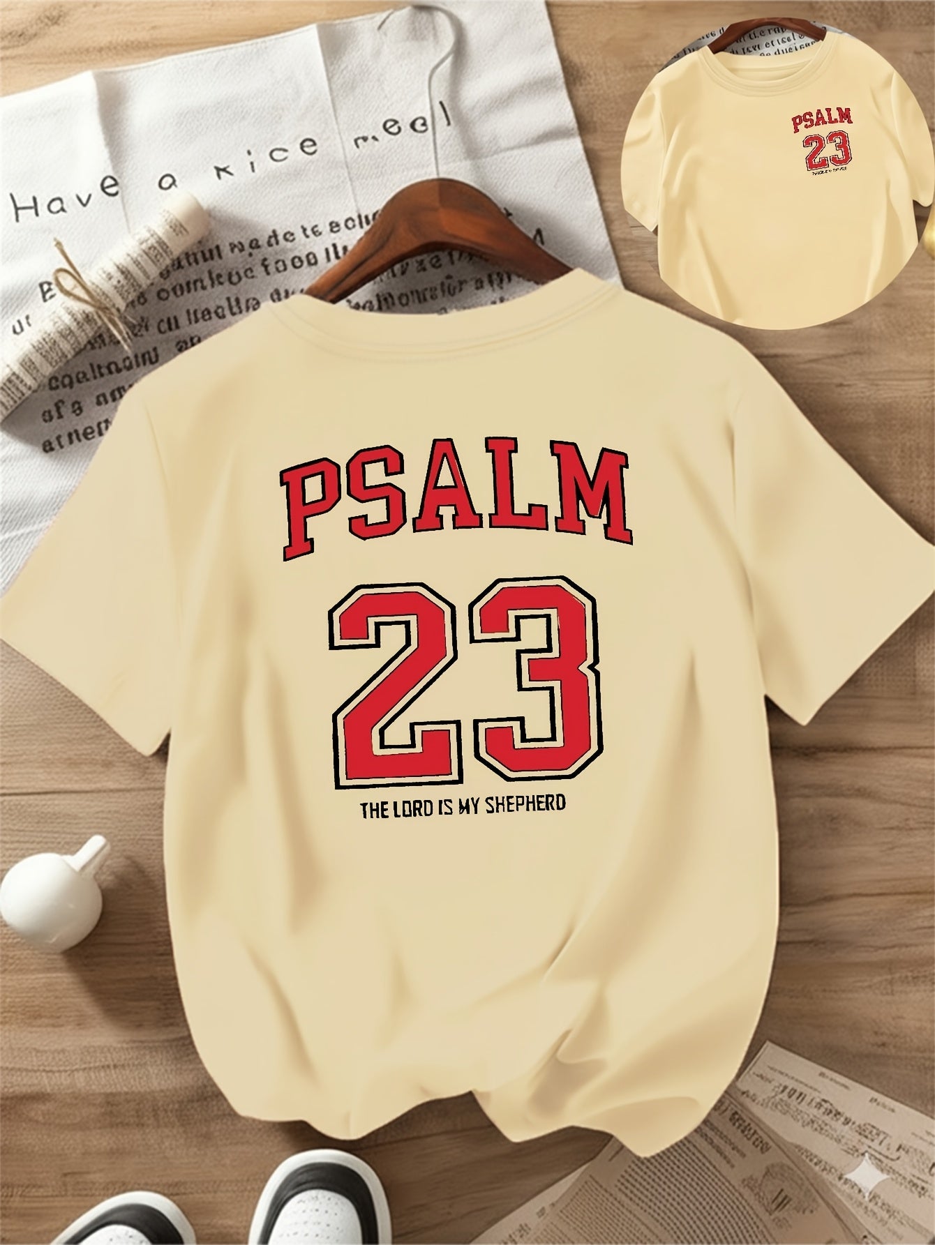 Black with Red Lettering Psalm 23:5 Print Women's Casual T-Shirt - Comfortable Crew Neck, Short Sleeve, Classic Summer Top for Casual Attire, Faith Inspired Apparel | Durable Casual wear, Ladies T Shirts